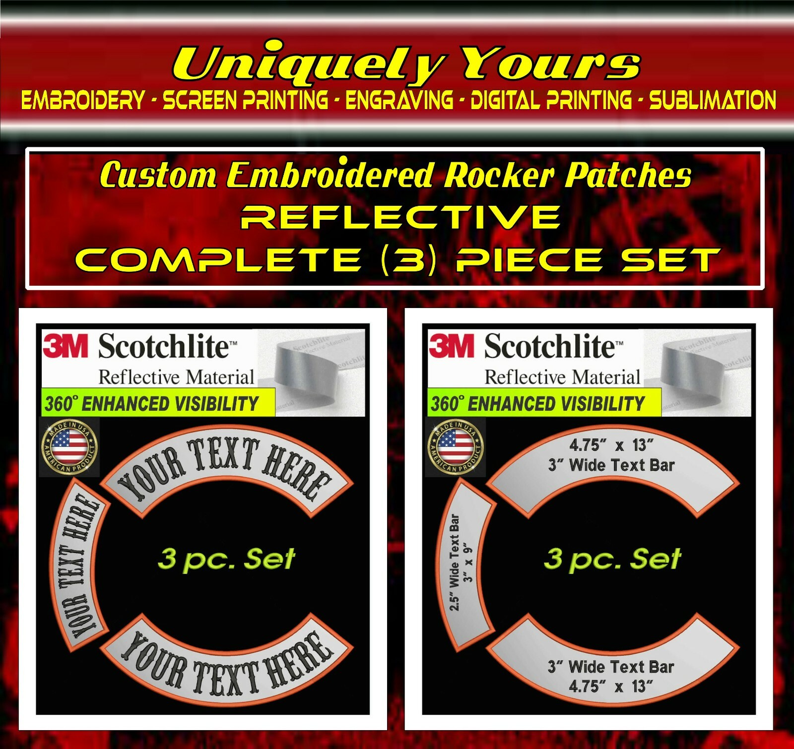 13" REFLECTIVE 3 PC SET CUSTOM EMBROIDERED MC ROCKER PATCH 3M® MOTORCYCLE BIKER