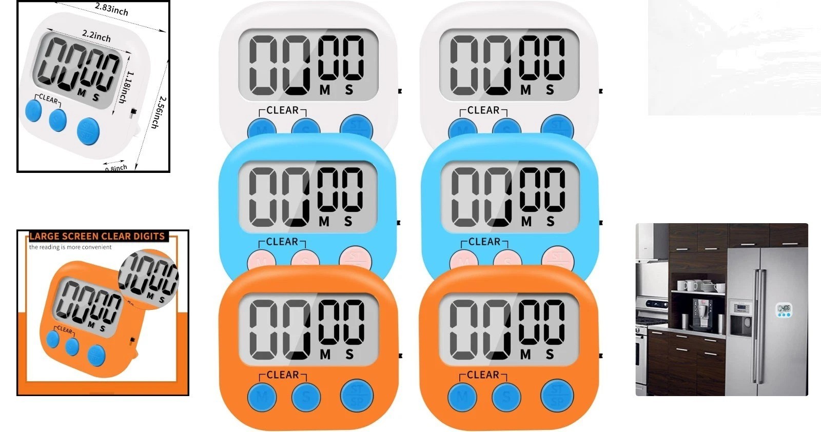 Compact 6 Pack Kitchen Timer Set - Magnetic Back, Large Display, ON/OFF Switch