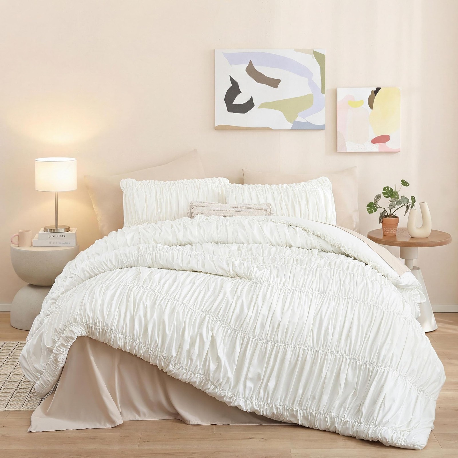 Comforter Set Full Textured Ruched Cream Ivory 3 Piece with Pillowcases Organic