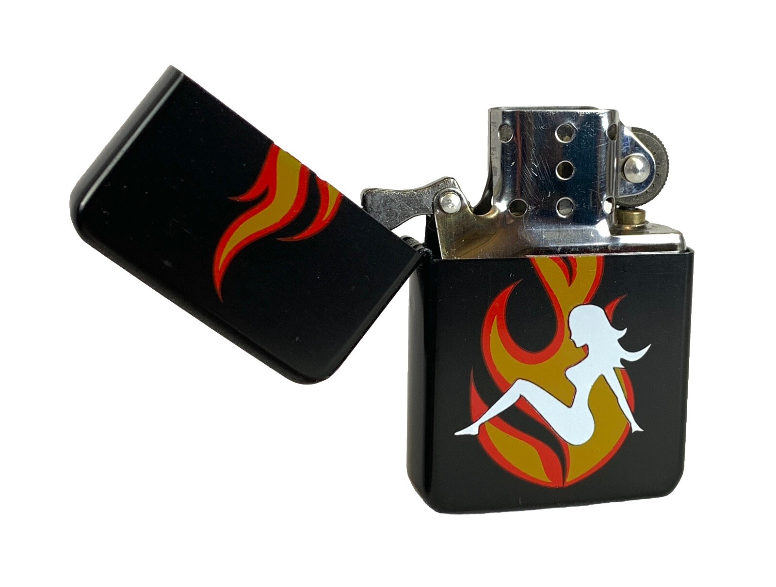 Trucker Girl White In Flames Fire Flip Top Black Oil Lighter Wind Resistant