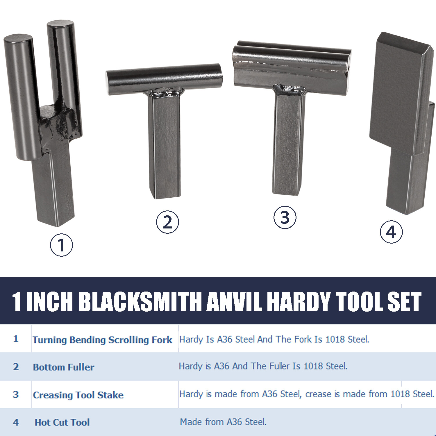 1" Creasing Stake Tool, Hot Cut Tool, Bottom Fuller Tool for Blacksmith 4PCS