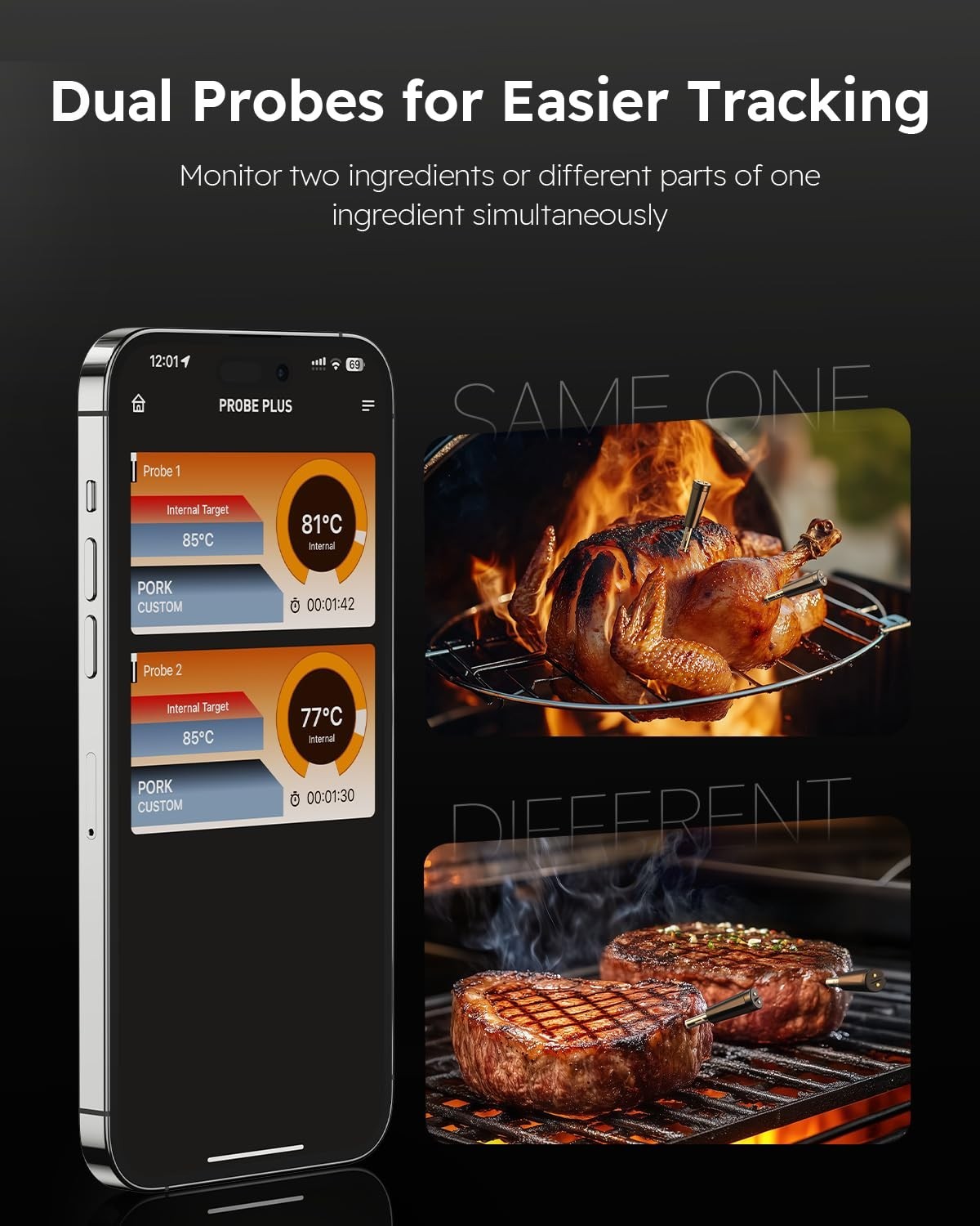 Smart Wireless BT Meat Thermometer 2 Probes 6 Sensors Instant Read App Control