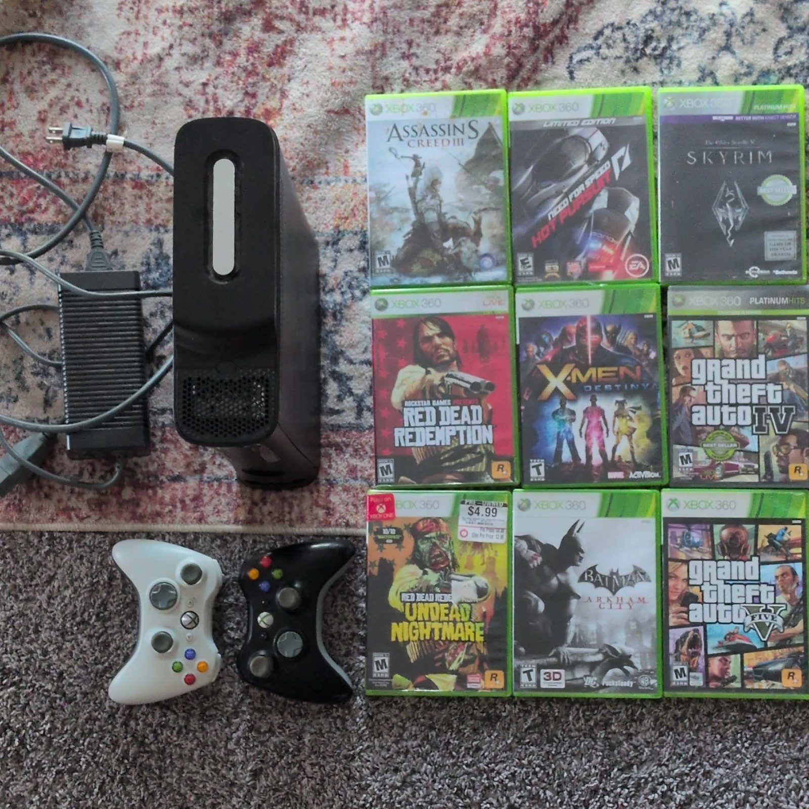 Microsoft Xbox 360 Console Bundle 2 Wired Controllers Power Supply 9 Games