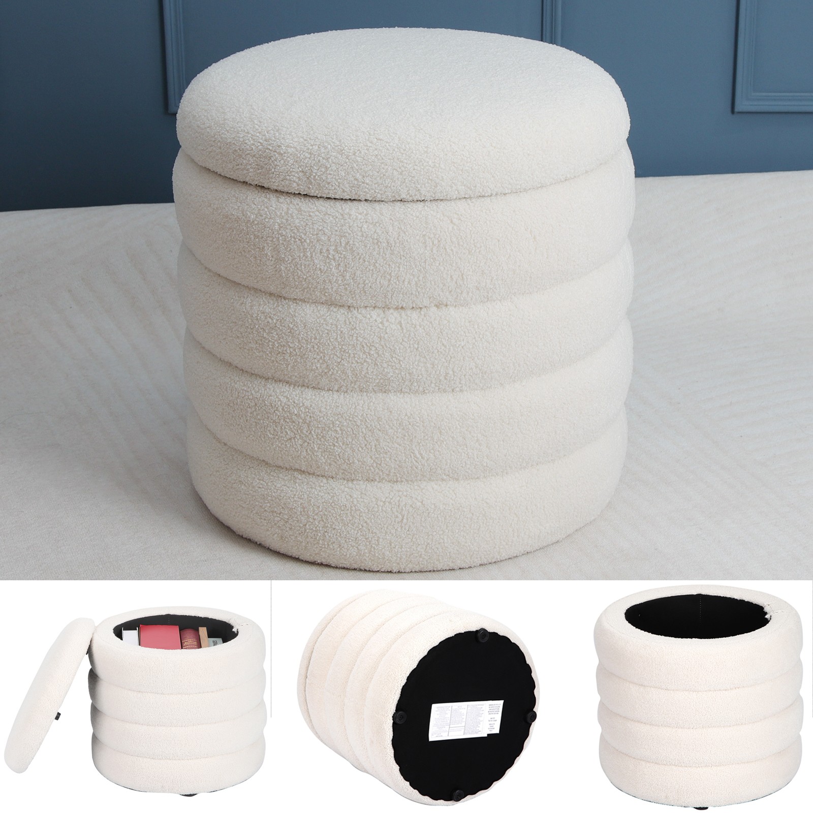 Modern Round Ottoman Storage Box 18'' Padded Stool Seat Footstool Teddy flannel