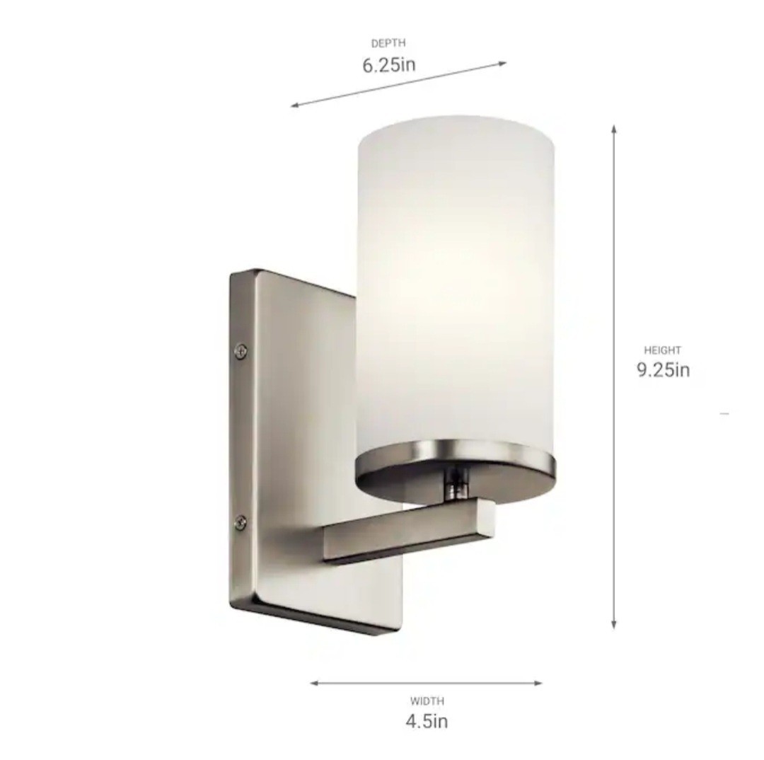 Kichler 45495NI, Crosby 9-1/4" Tall Bathroom Sconce, Brushed Nickel