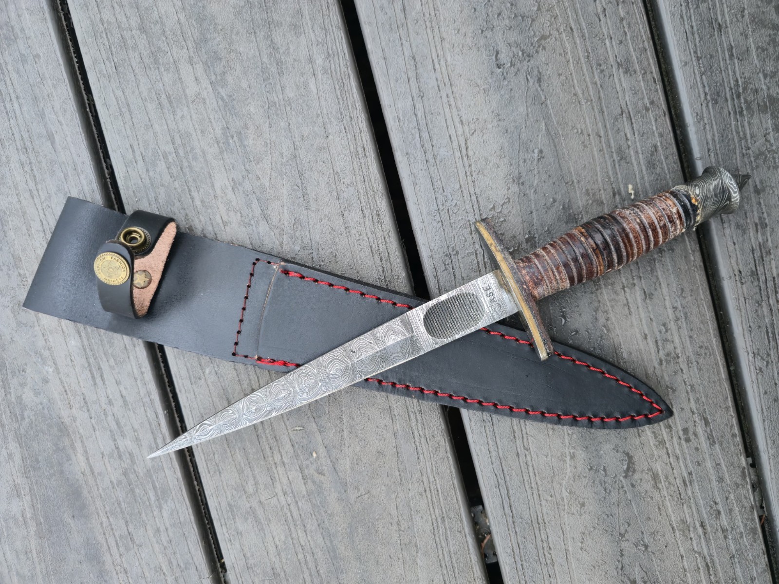 Vintage V-42 Stiletto Dagger Knife Case Spike Fix Damascus Double Edge Blade War