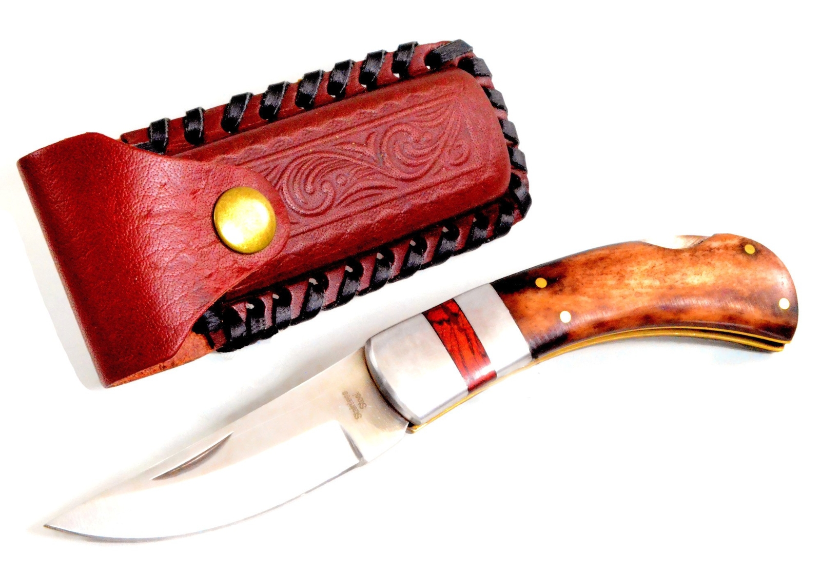 Real Dark Bone Handle Lockback EDC Folding Pocket Knife w/Leather Sheath