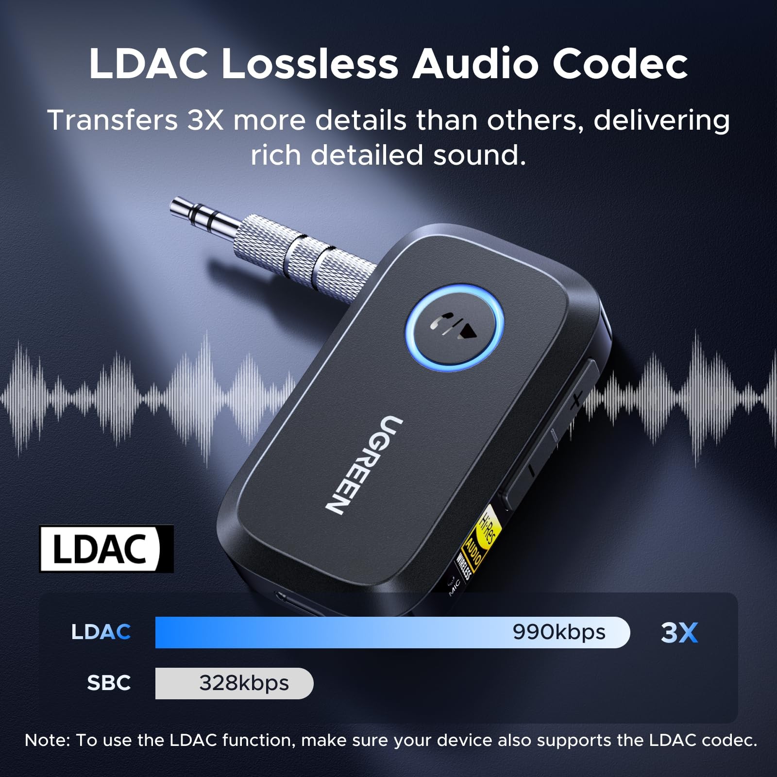 Bluetooth 6.0 Receiver for Car with LDAC, AI Noise Cancelling 3.5mm AUX B