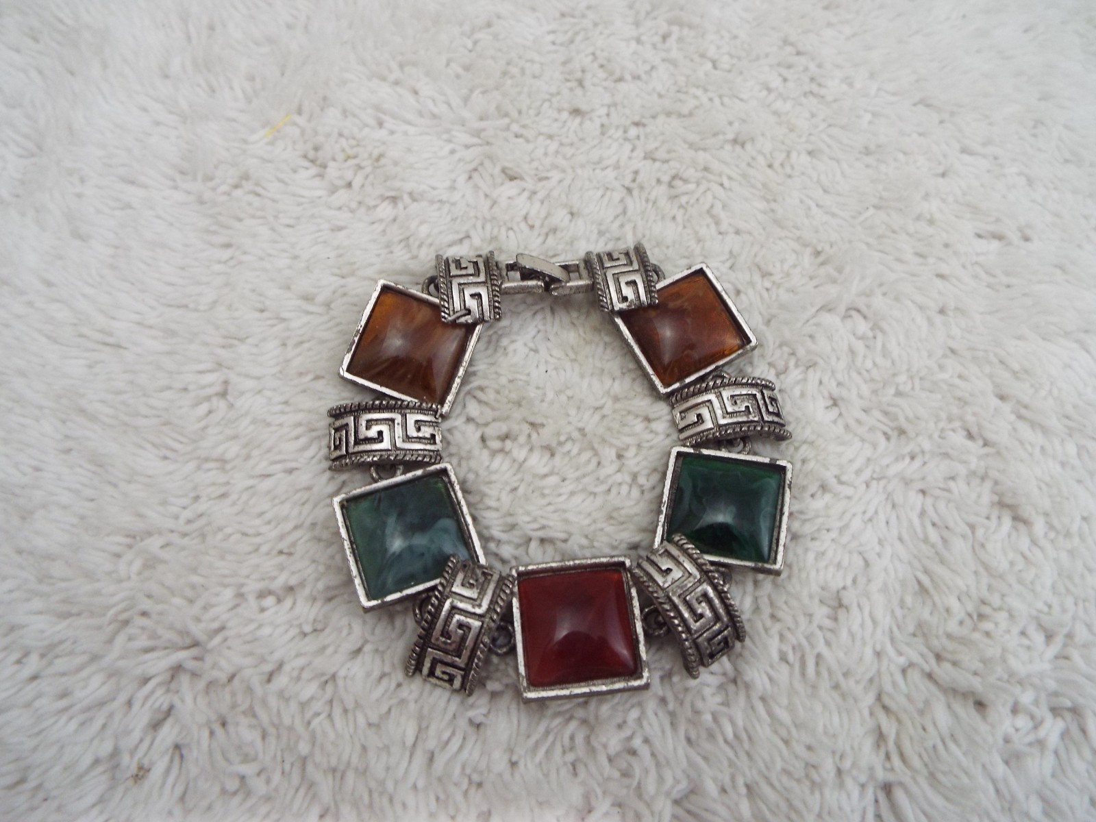 Silvertone Brown Green Link Bracelet