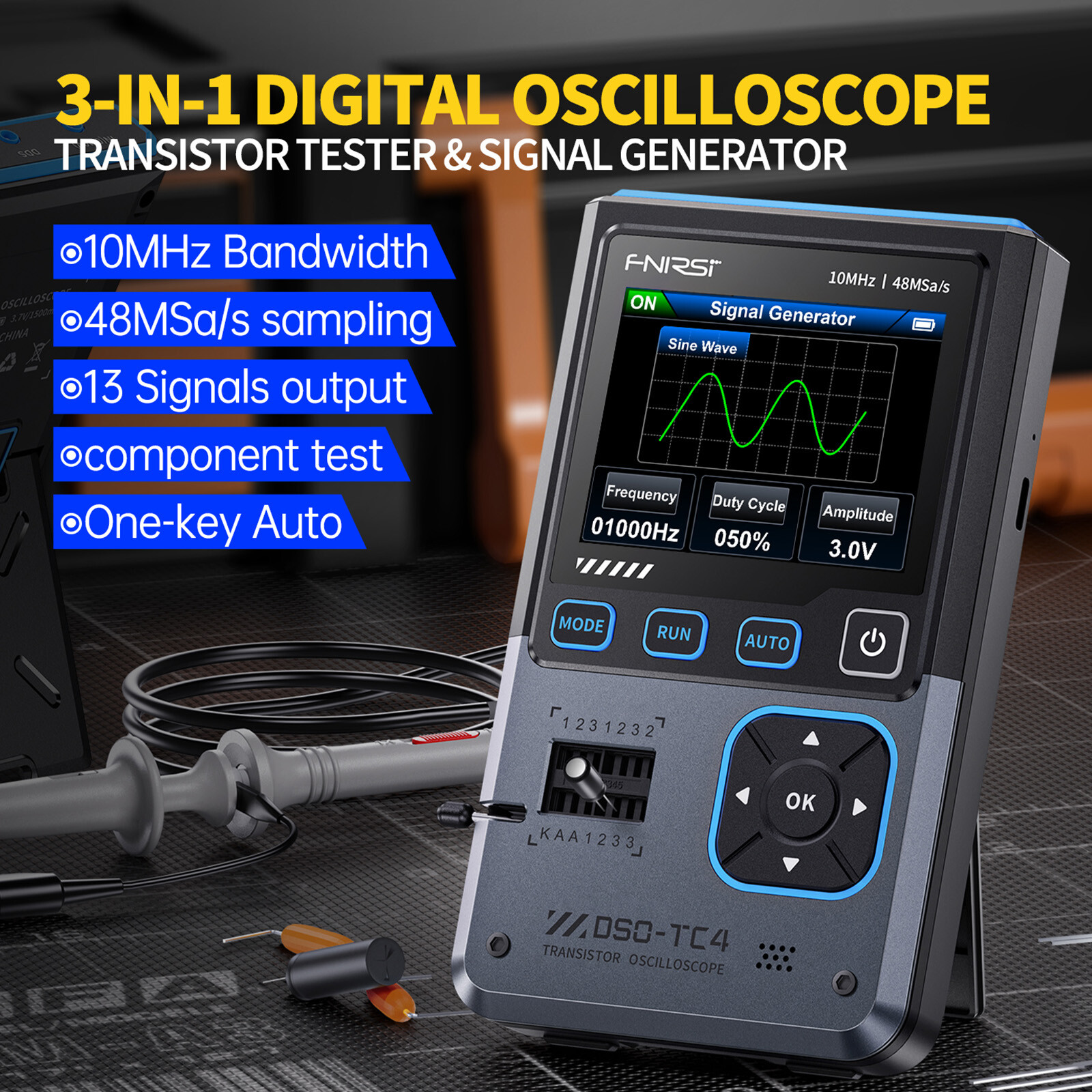 FNIRSI DSO-TC4 3-in-1 10MHz Oscilloscope Signal Generator Transistor Detection