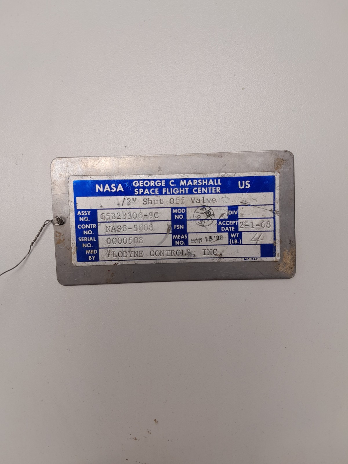 1968 George C. Marshall Space Flight Center Flodyne ID Plate Rocket Engine NASA