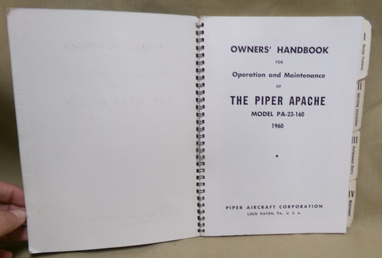 Piper Apache Owners Handbook Model PA-23-160 1960