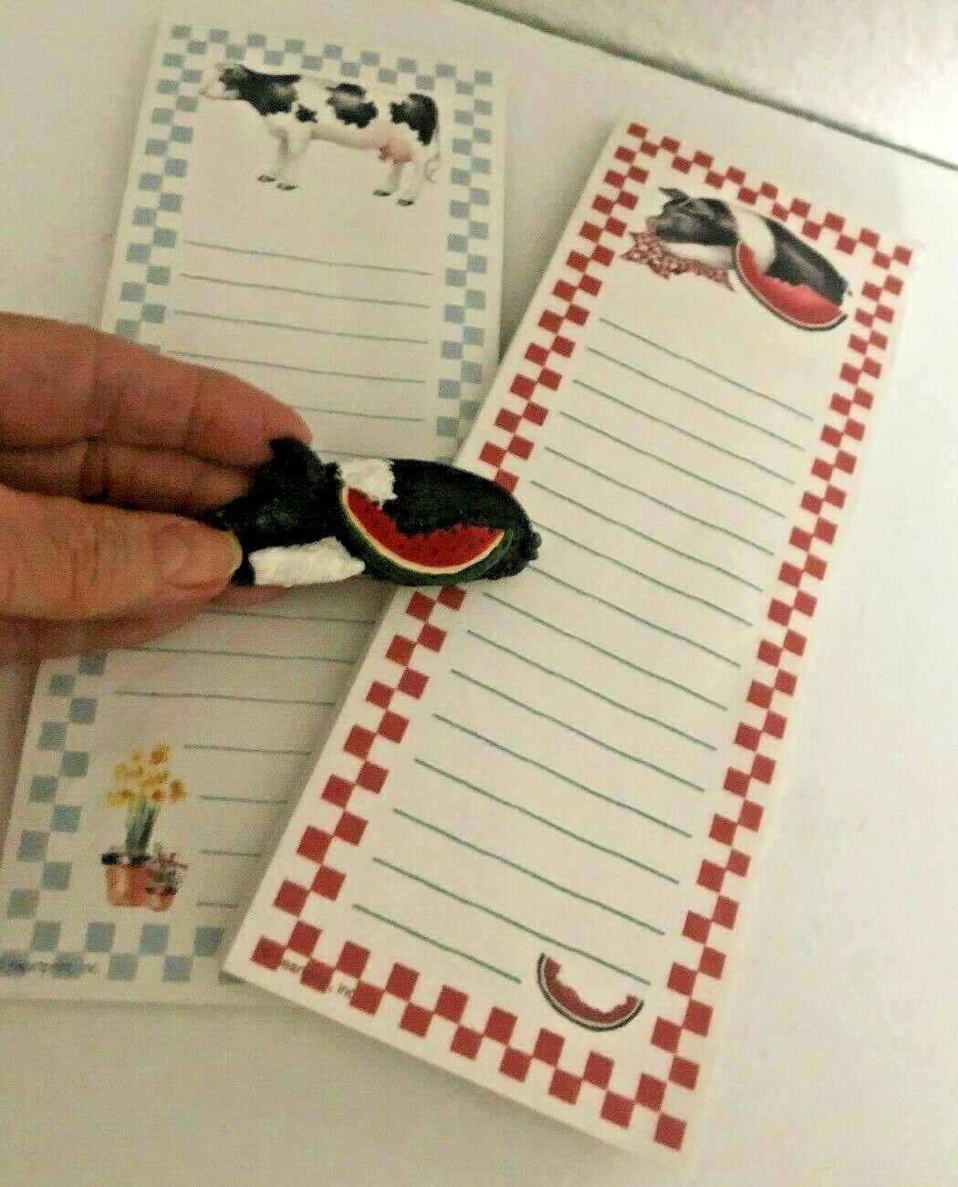 Vtg NEW Set 3 Pc PIG WATERMELON MAGNET + NOTE PADS 3.5 X 9 Cow Checkerboard