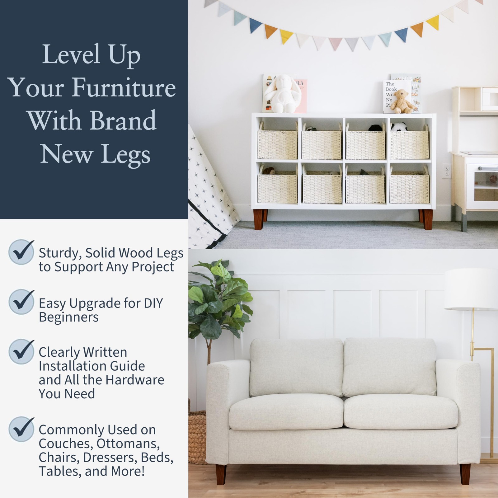 Premium Walnut Square Furniture Legs (Full Install Kit) - Pick Your Size and Col