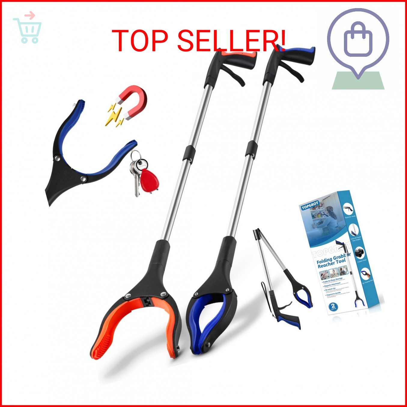 TOPGROT 2-Pack Grabber Reacher Tool, 34" Foldable Reacher Grabber Pickup Tool wi