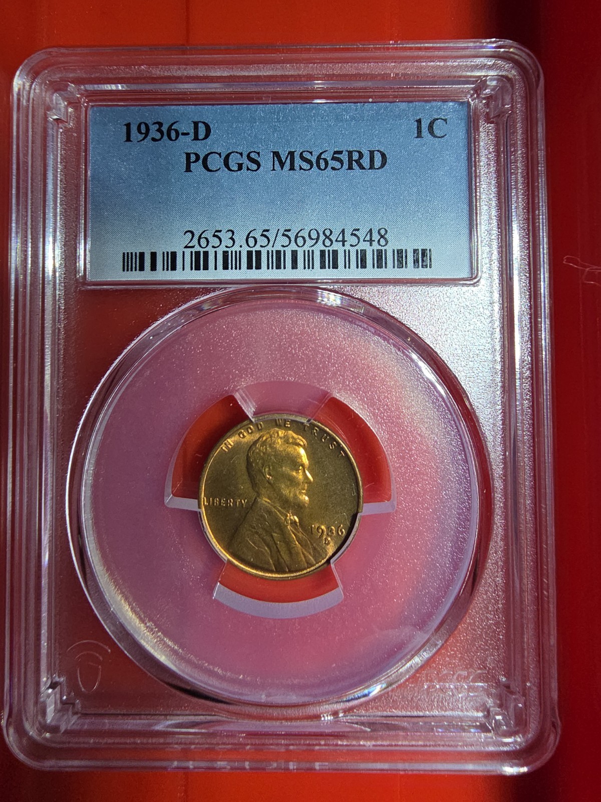 1936-D Lincoln Wheat Cent 1c Penny - Graded PCGS MS65RD