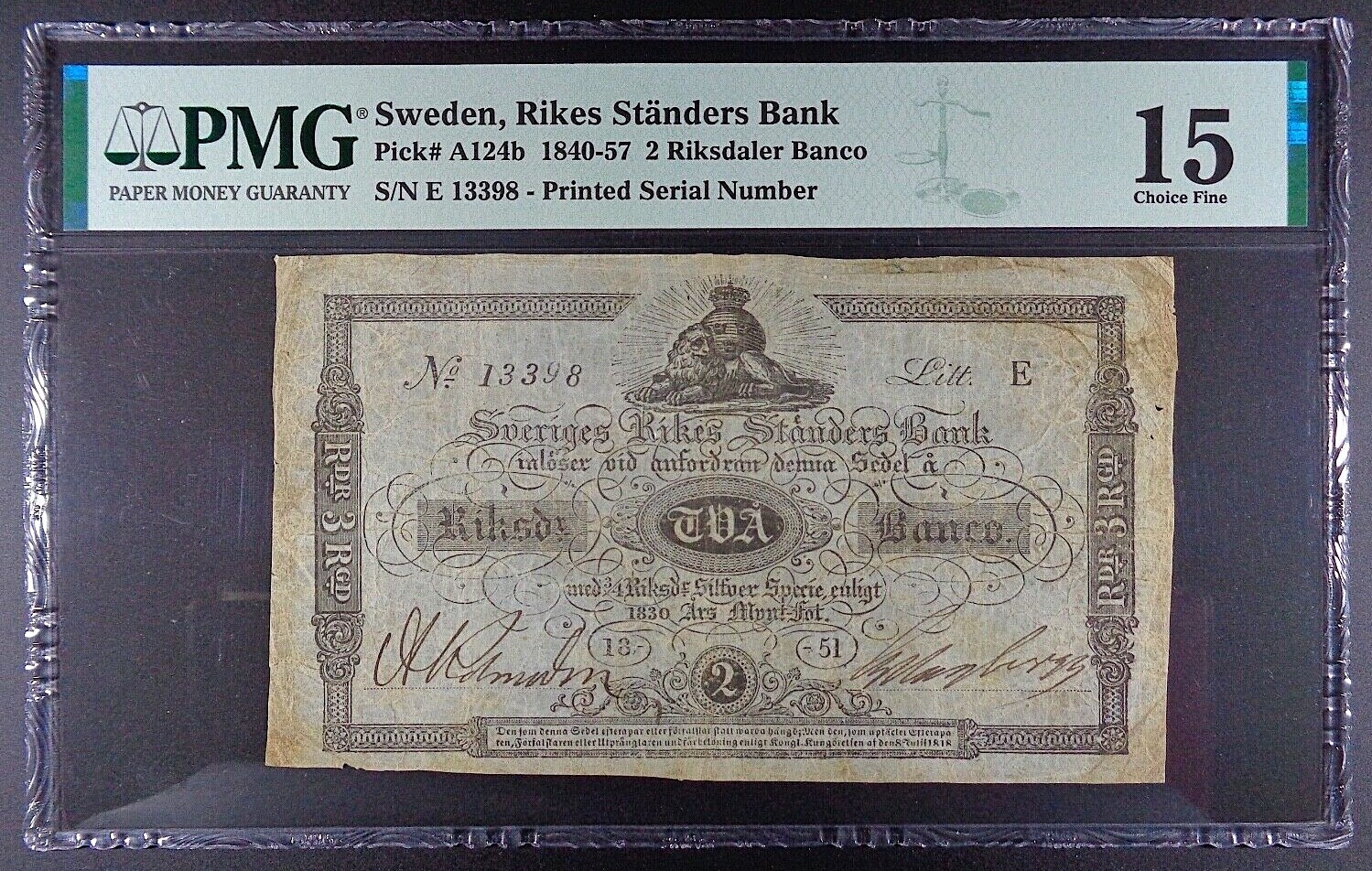 1851 Sweden - Sveriges Rikes Standers Bank 2 Riksdaler, P-A124b, PMG CF-15.