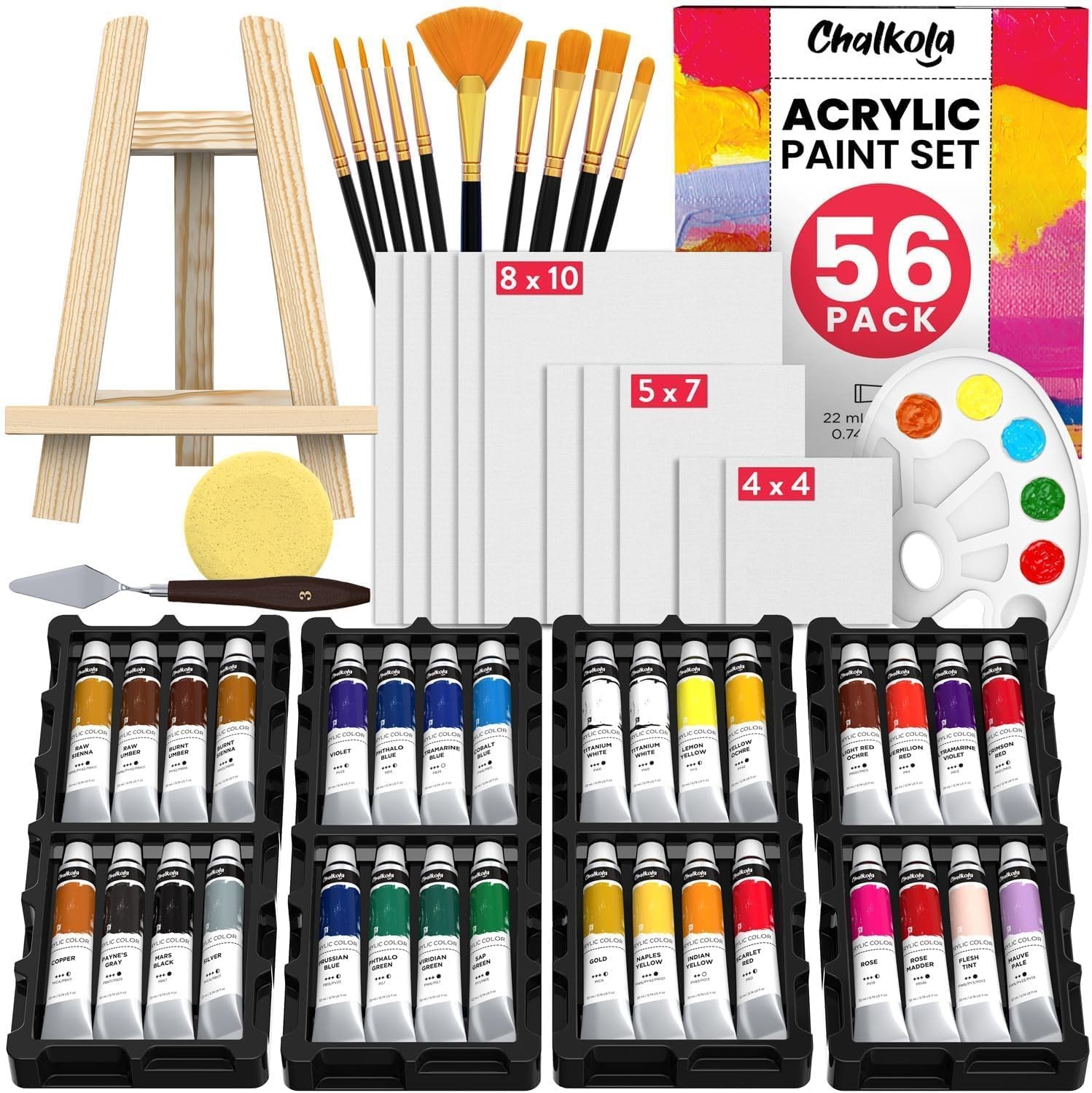 Canvas Painting Kit with 32 Paints (22ml), 10 Brushes, 10 Canvases, Tabletop