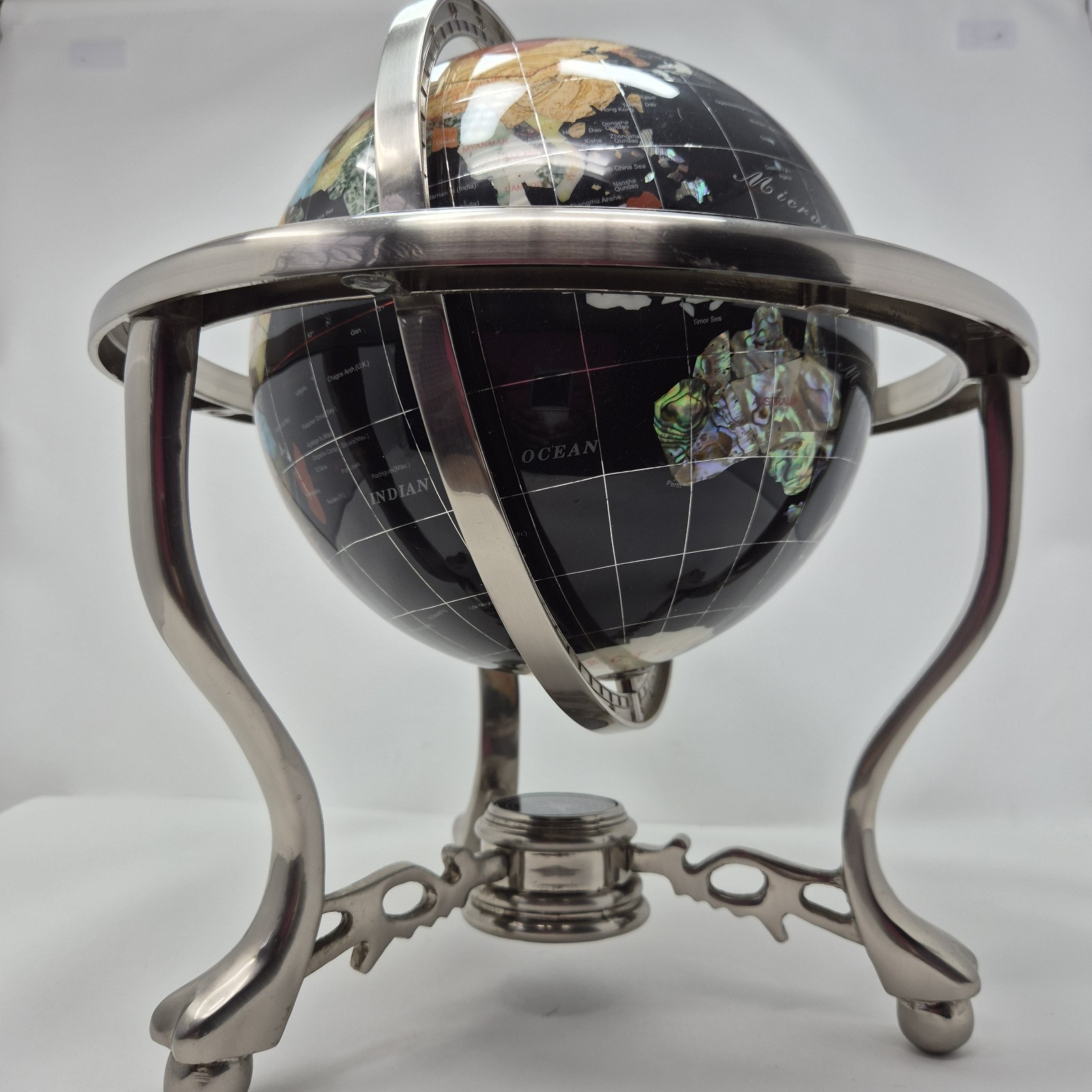 14" Black Ocean Silver 3- Leg Table Stand Gem Gemstone World MAP & Compass Globe