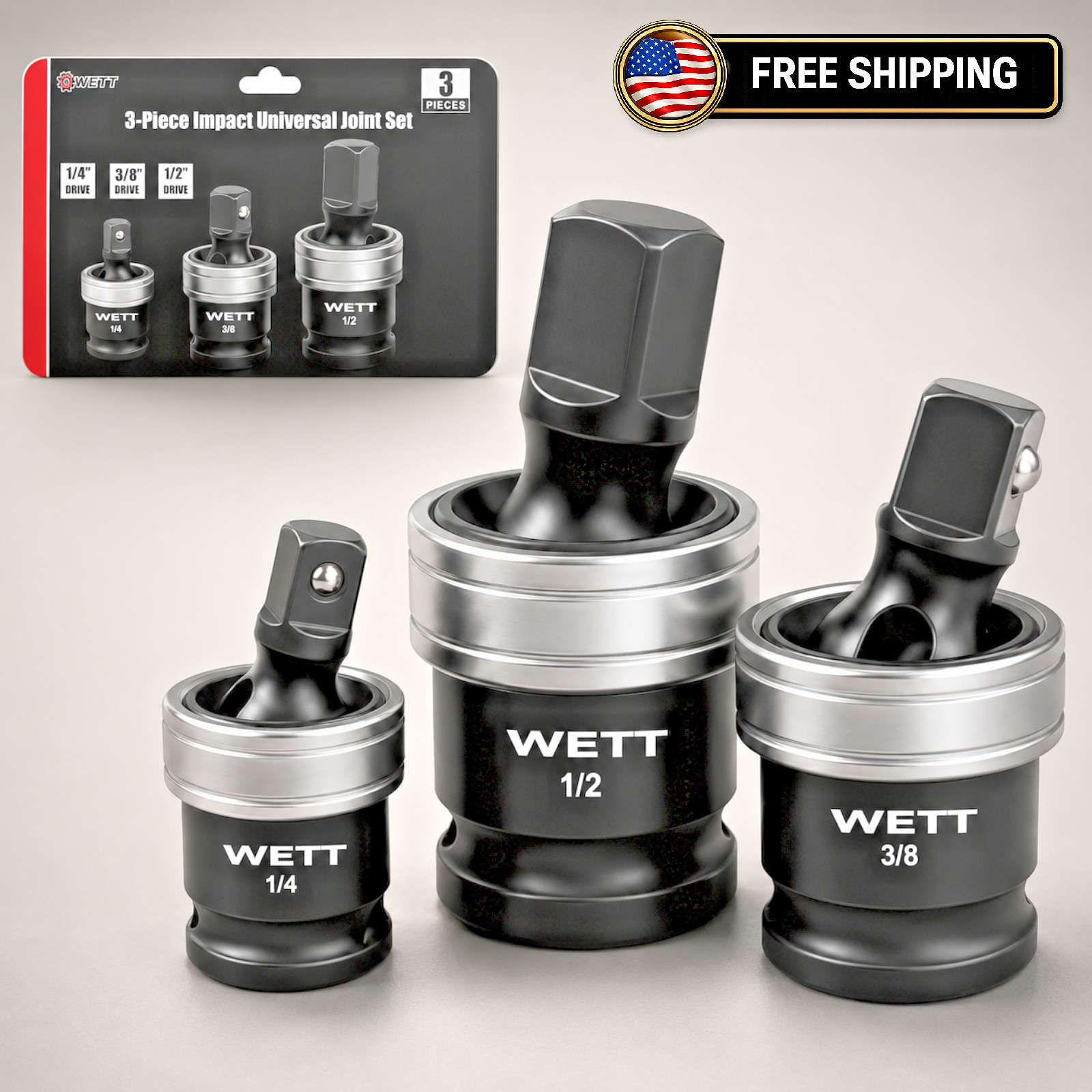 Impact Universal Joint Set 3Pc 1/4" 3/8" 1/2" Drive Socket Swivel Adapter