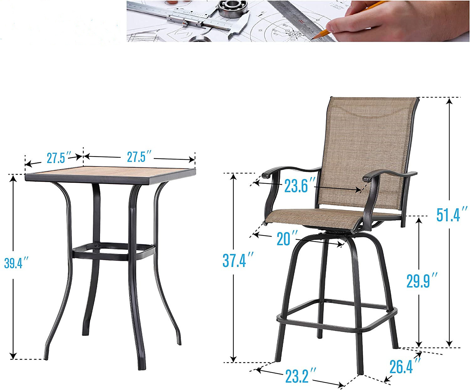 3 PCS Patio Swivel Bar Sets Textilene High Bistro Sets,2 Bar Stools &1 Bar Table