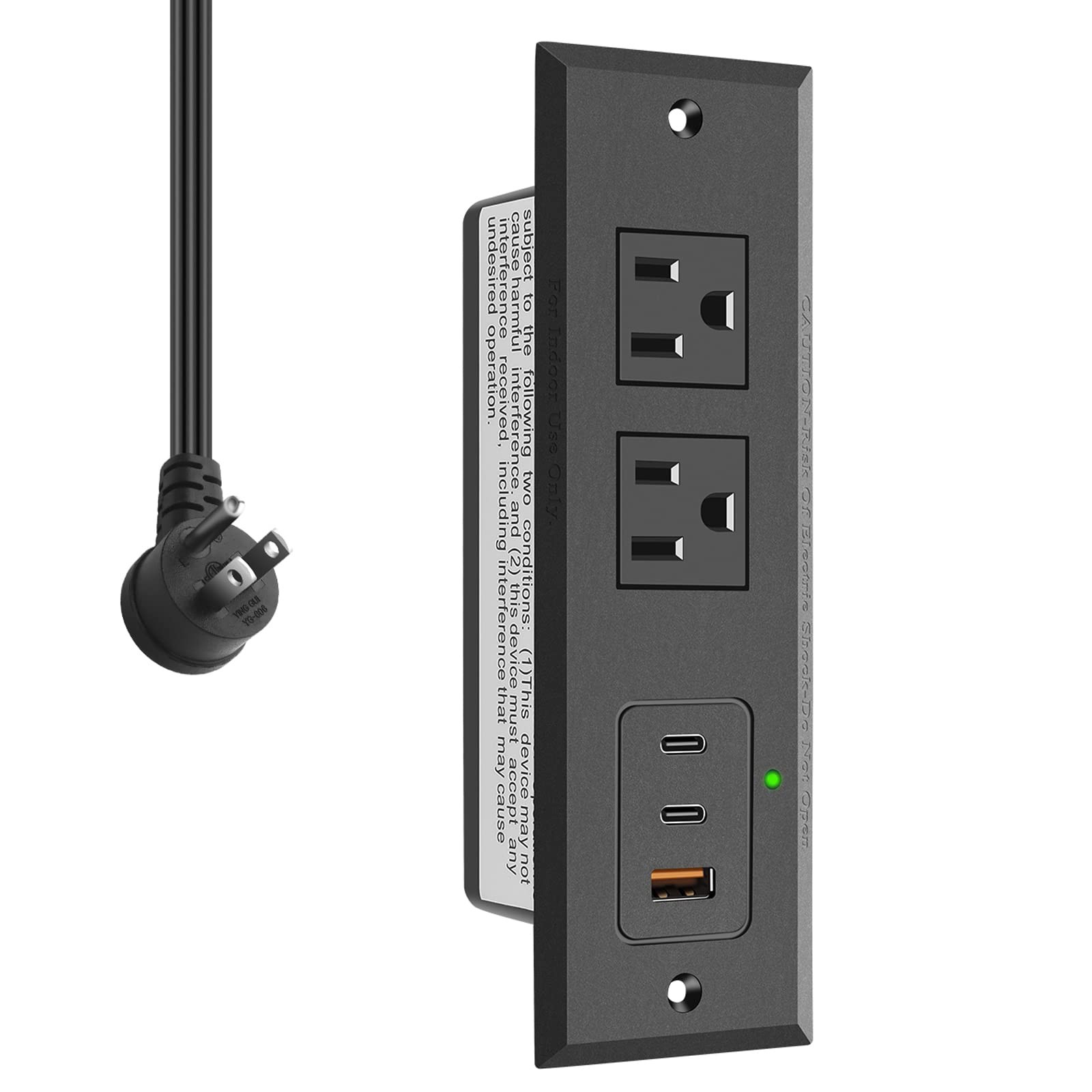 Recessed Power Strip Two USB-C Ports Fast Charging USB Desk Outlet Black 6 FT