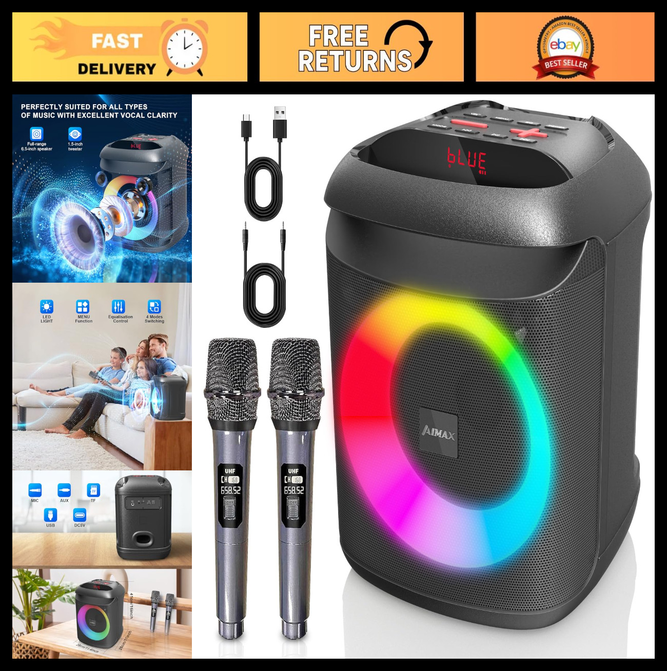 Karaoke Machine with 2 Wireless Microphones, Bluetooth PA Speaker, RGB Lights, T