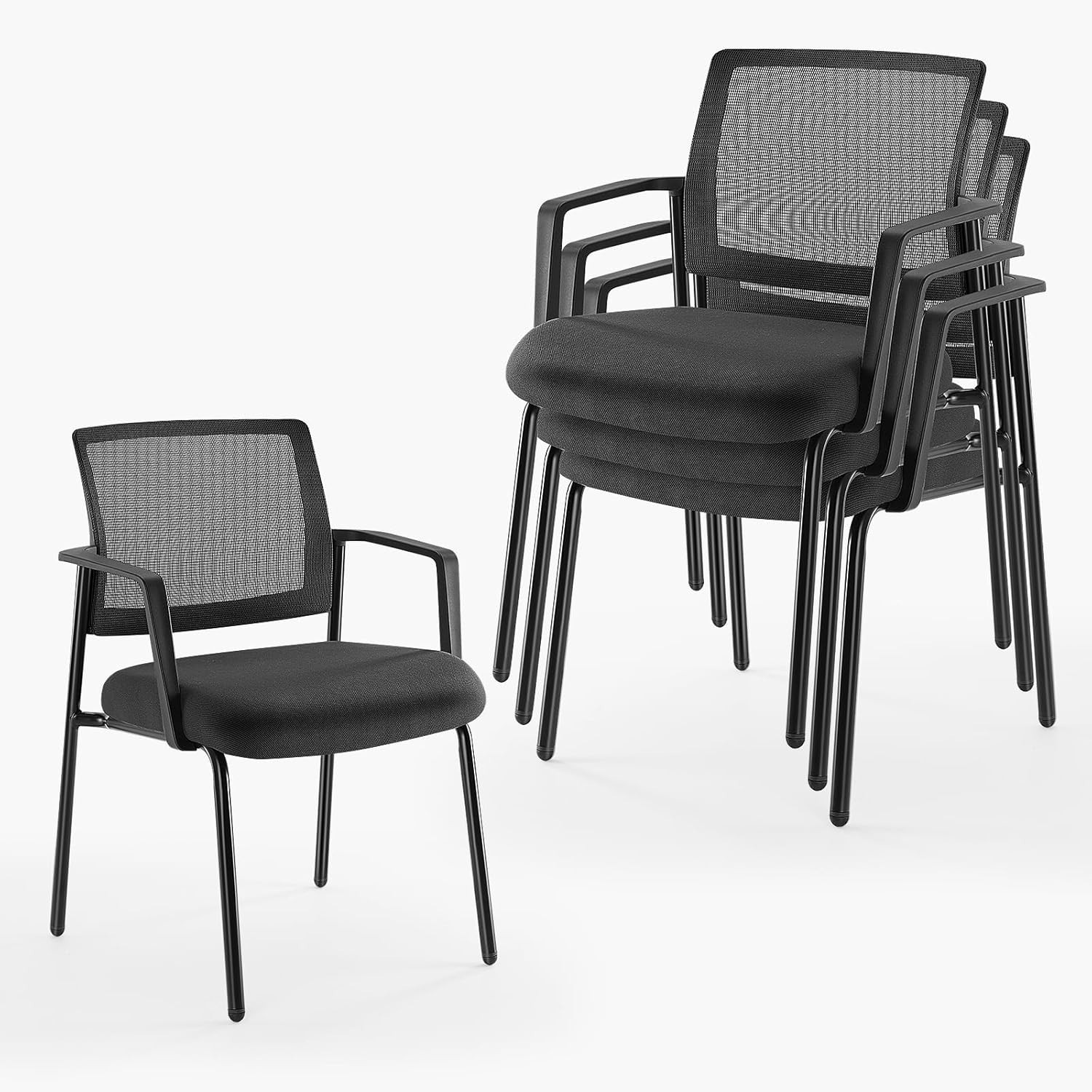 Black Stackable Arm Chairs W/ Mesh Back & Upholstered Fabric Sturdy Metal Frame