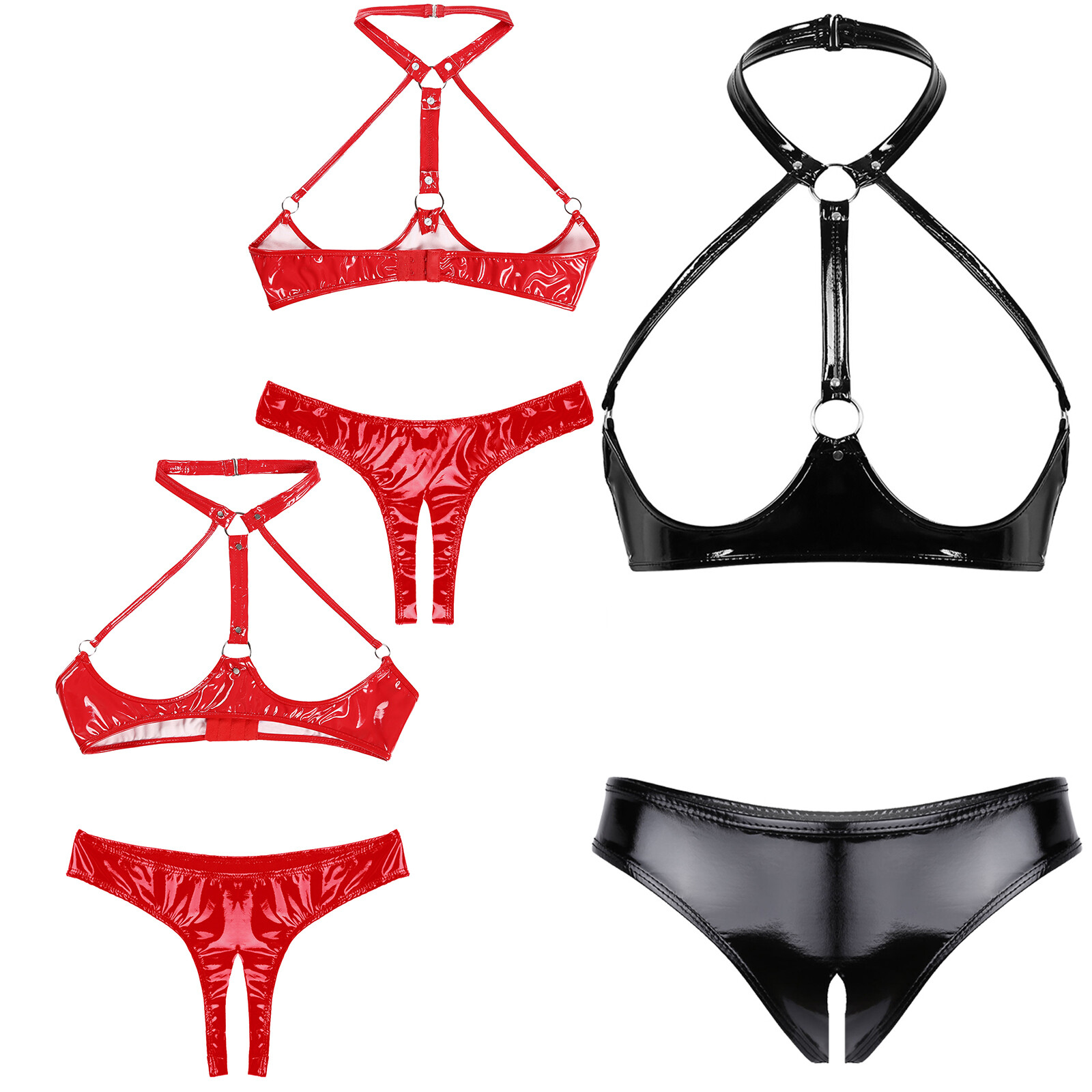 Women's Open Cup Push Up Underwire Bra and Panty Set Crotchless Lingerie Set