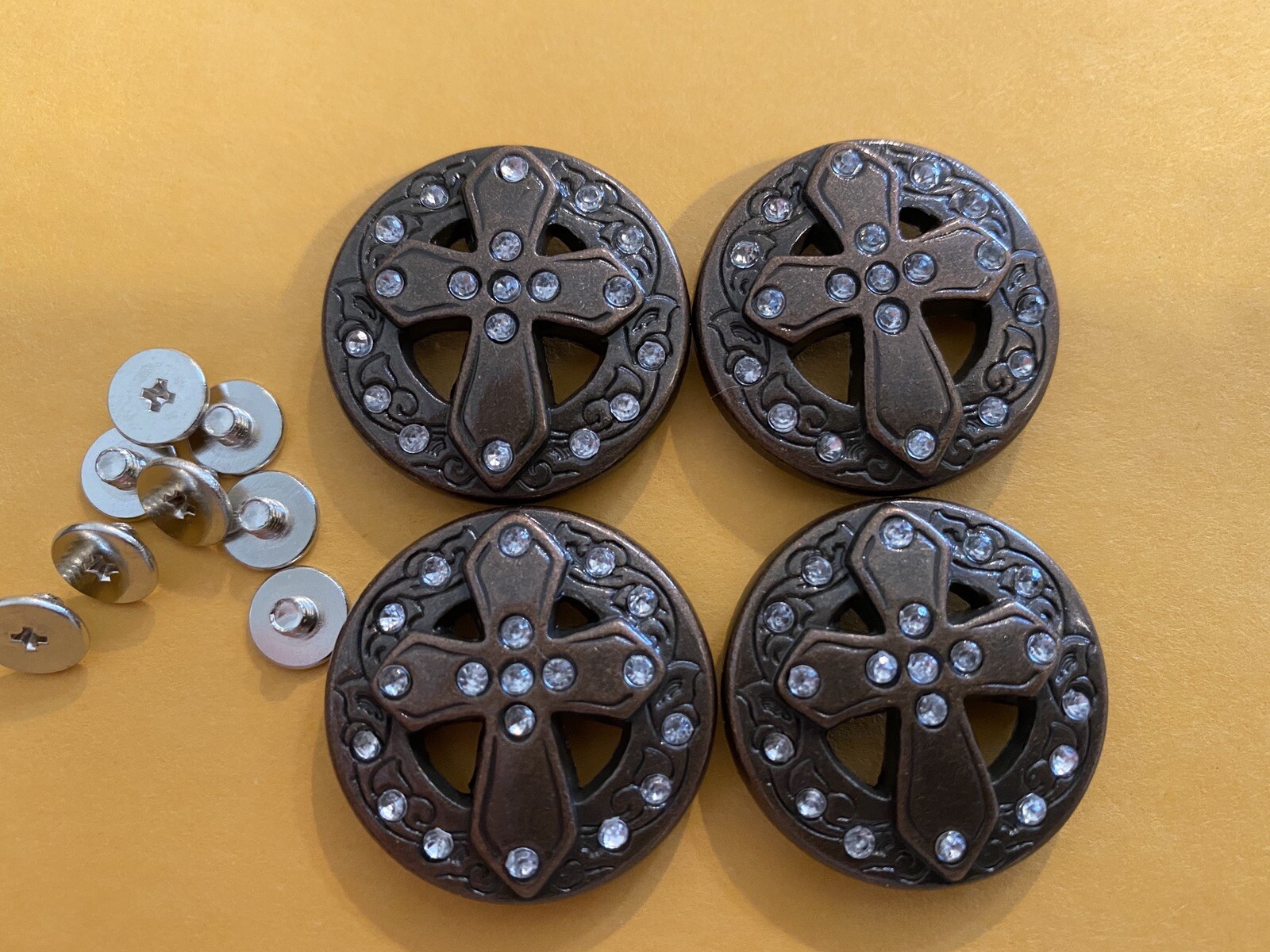 Lot Of 4 Brown Cross with White Rhinestones Conchos With Screws 1”