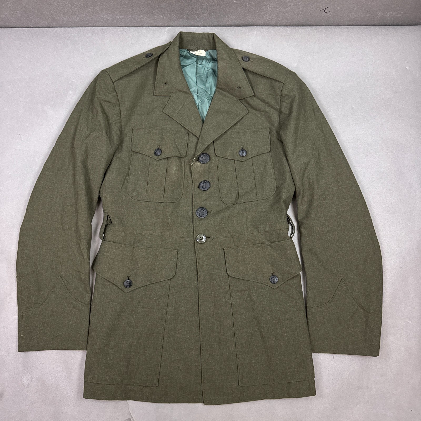 US Military Jacket Mens 38 Short Green Tropical Dress Coat No Belt Wool Poly