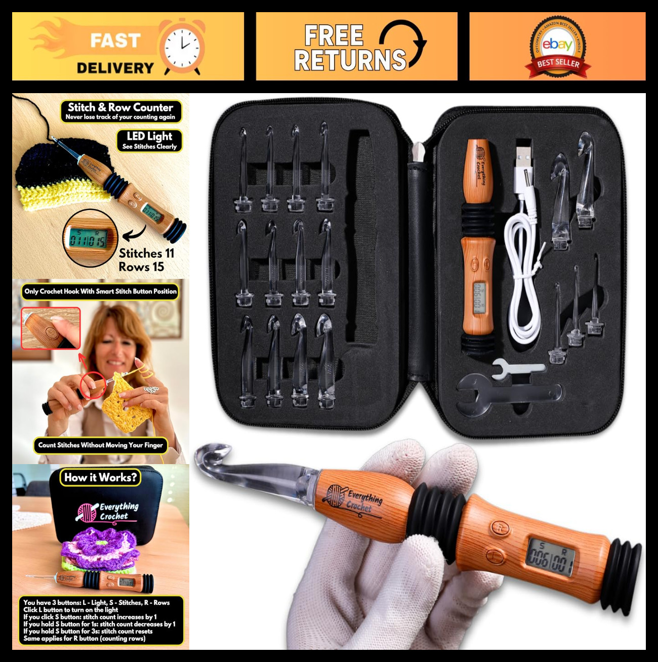Vintage Crochet Hook Set with Light & Digital Counter - Ergonomic 17 Size Kit fo
