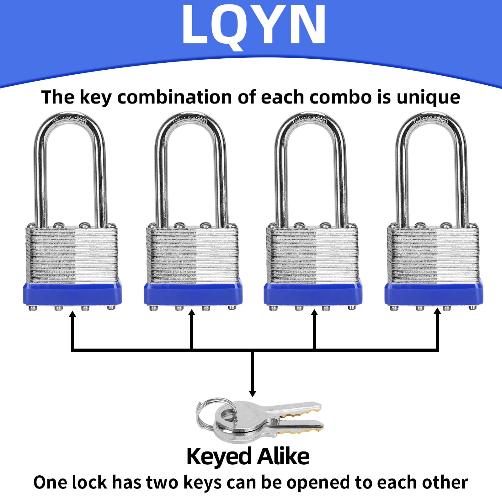 Padlocks with Same Key, LQYN 12 Pcs Laminated Keyed 12 Pack Blue, blue silver