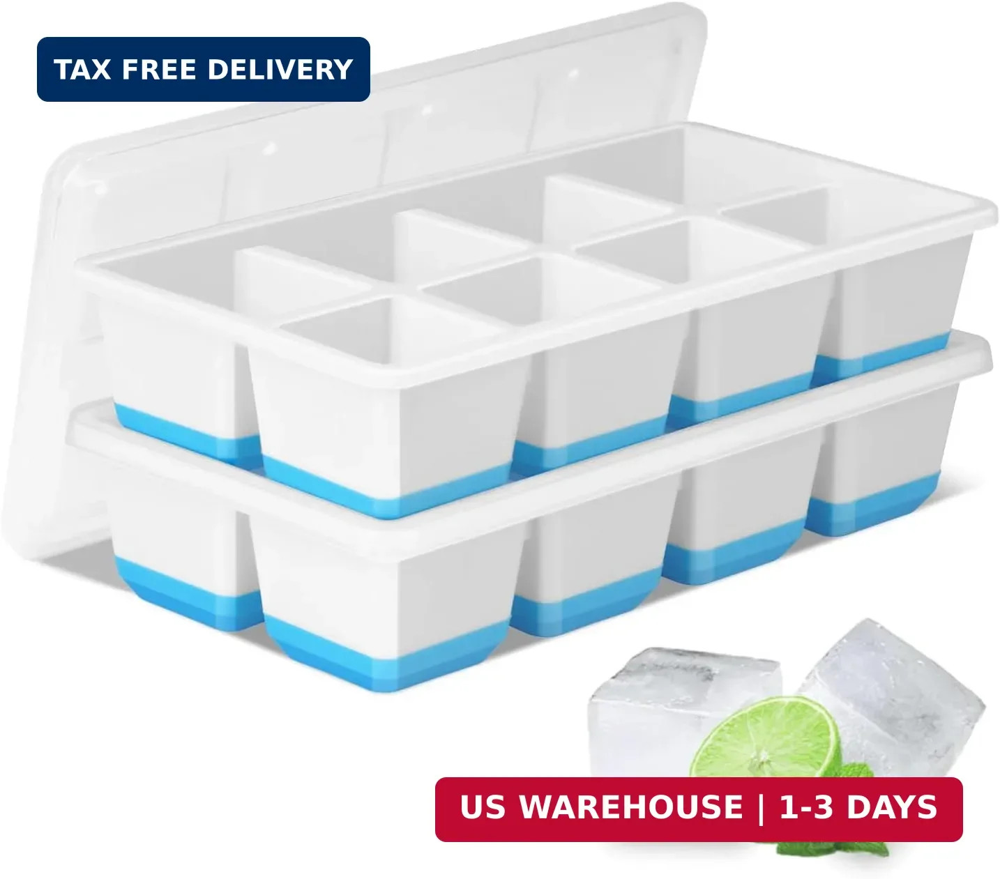 Large Ice Cube Trays 2 Pack, Silicone Easy-Release and Flexible Ice Cube Molds w