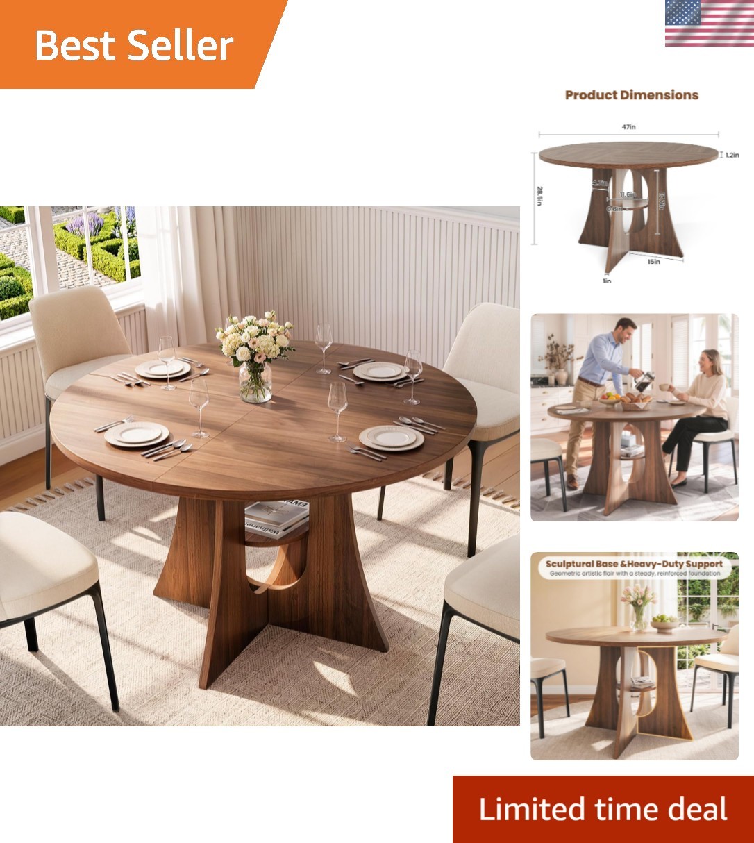47" Round Dining Table for 4-6, Space-Saving Dining Room Table with Thick Tab...