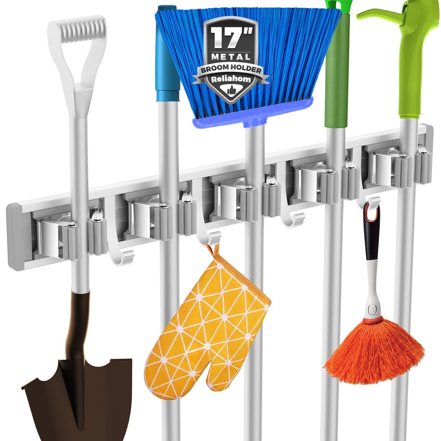 reliahom Broom Holder Wall Mount, 5 Racks with 4 Hooks Silver - Mop Storage T...