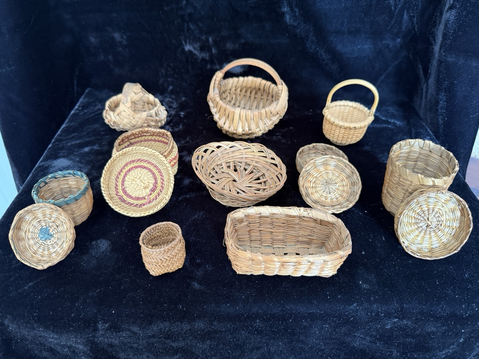 10 Assorted Miniatures Baskets, Some Lidded, Sizes 1” - 4” Tall, Great Condition