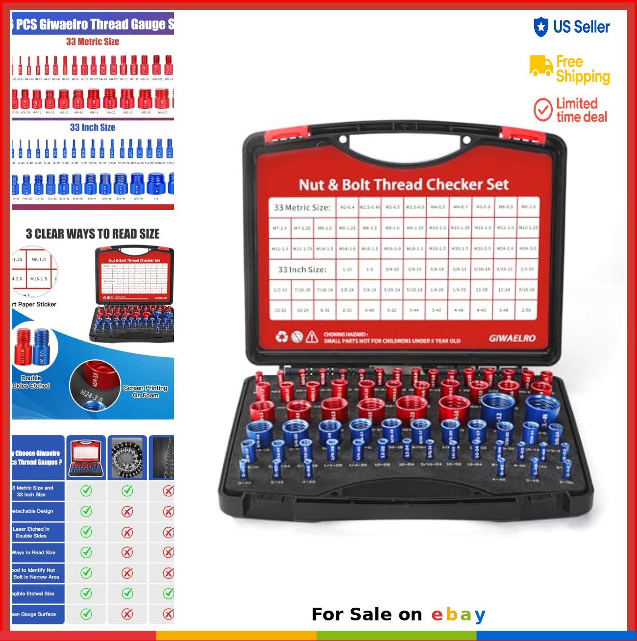 Thread Gauge Set 66 Piece Nut and Bolt Checker SAE Metric Sizes Laser Etched