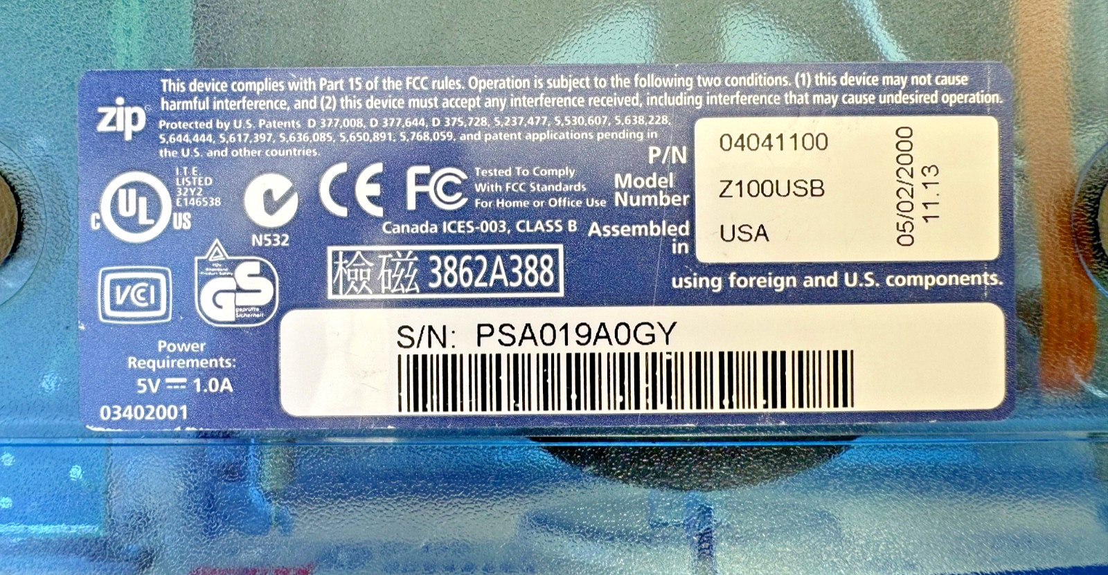 iomega Zip 100 Blue Transparent External Drive Z100USB | PSU | USB | Zip Disk