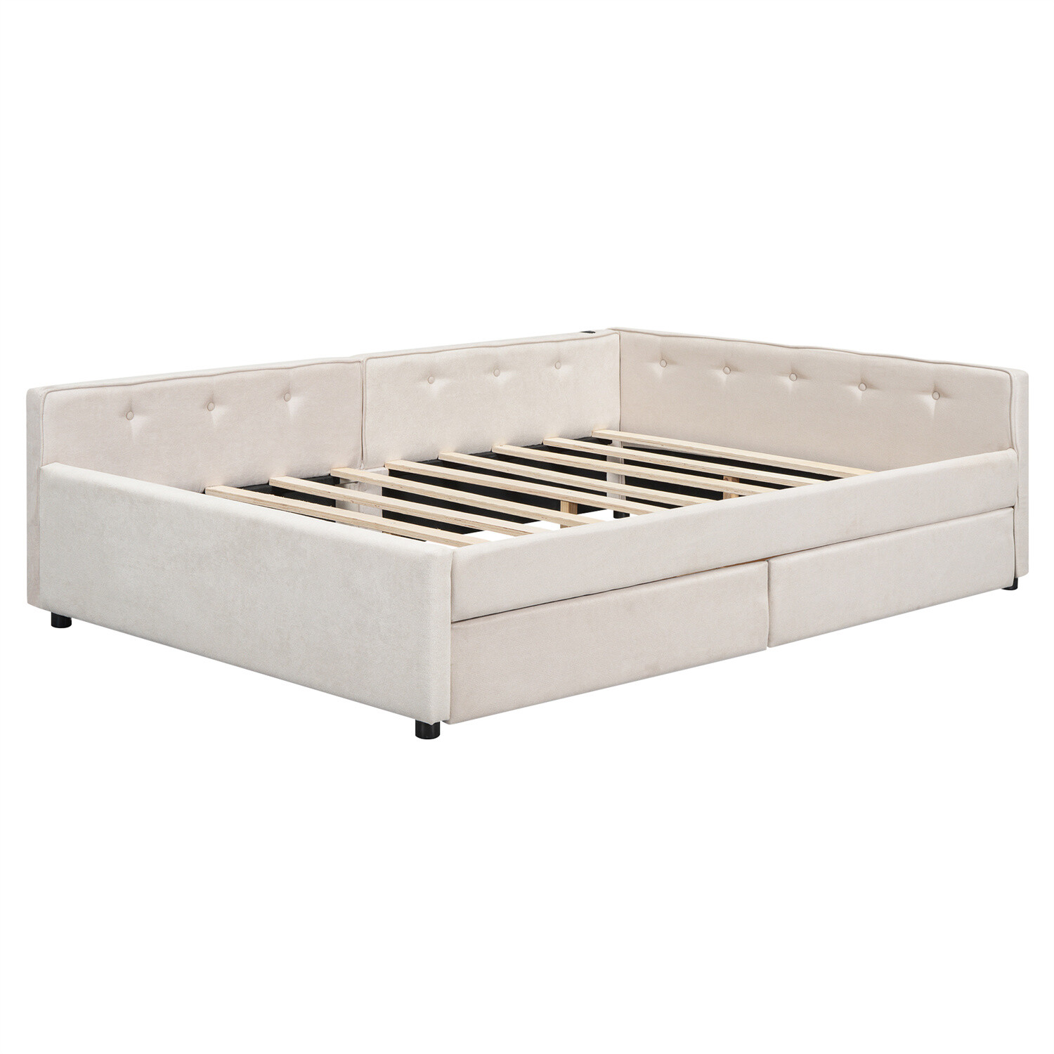 Full Size Daybed Upholstered Bed Frame Sofa Bed w/ USB Ports & 2 Drawer