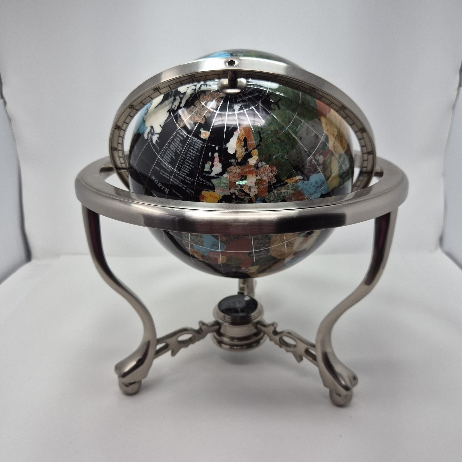 14" Black Ocean Silver 3- Leg Table Stand Gem Gemstone World MAP & Compass Globe
