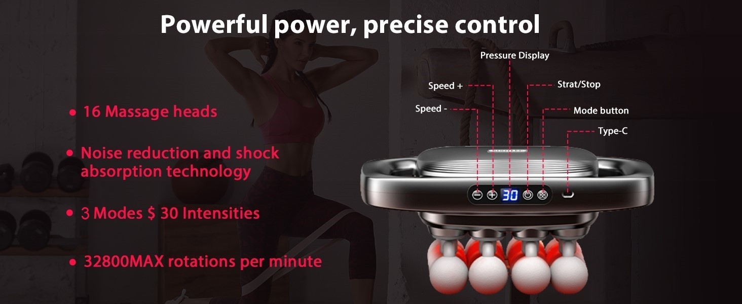 16-Head Massage Gun Set Deep Tissue Percussion Massager 3 Modes & 30 Intensity