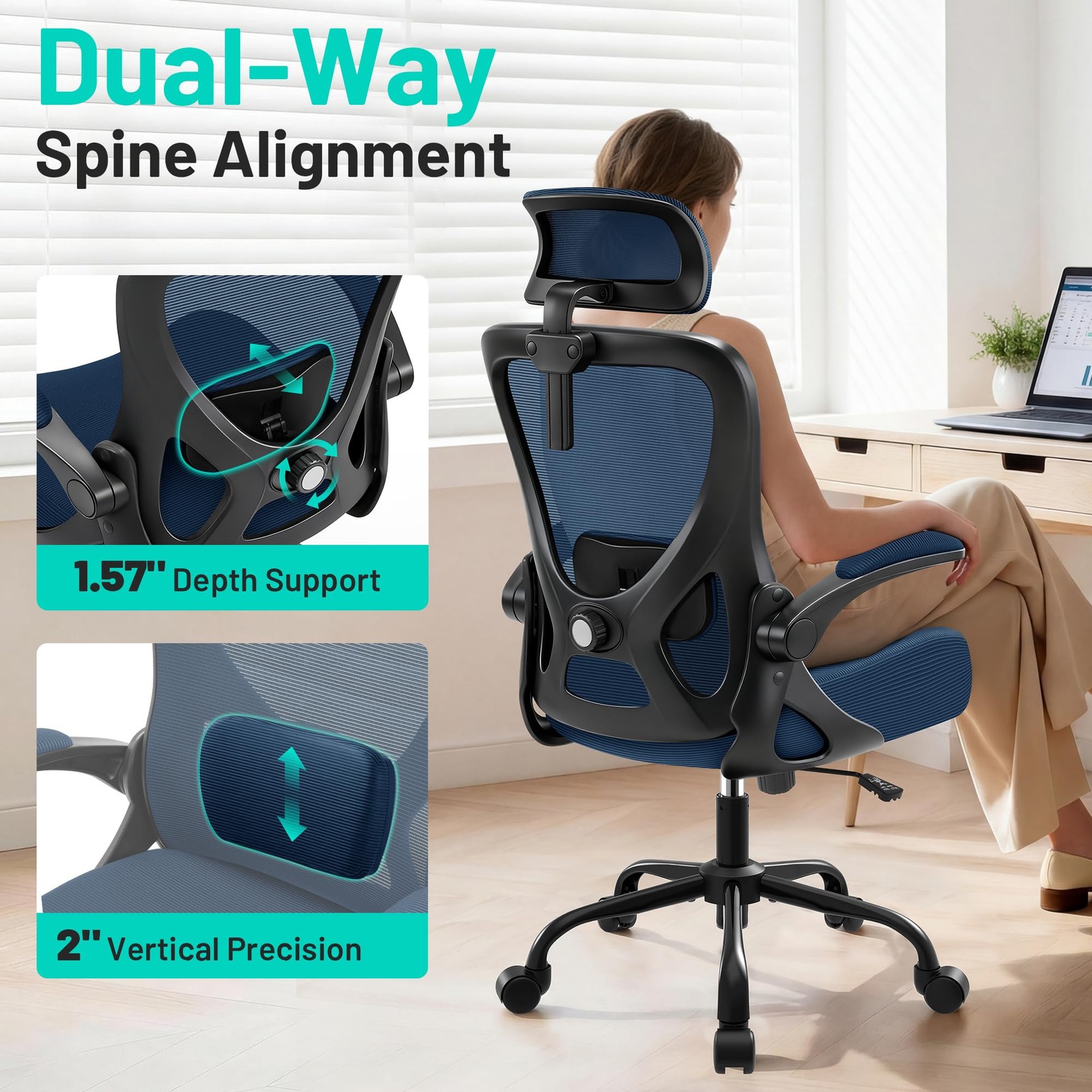 Office Chair - Ergonomic Desk Chair Breathable Mesh Chair with 2D Headrest & ...