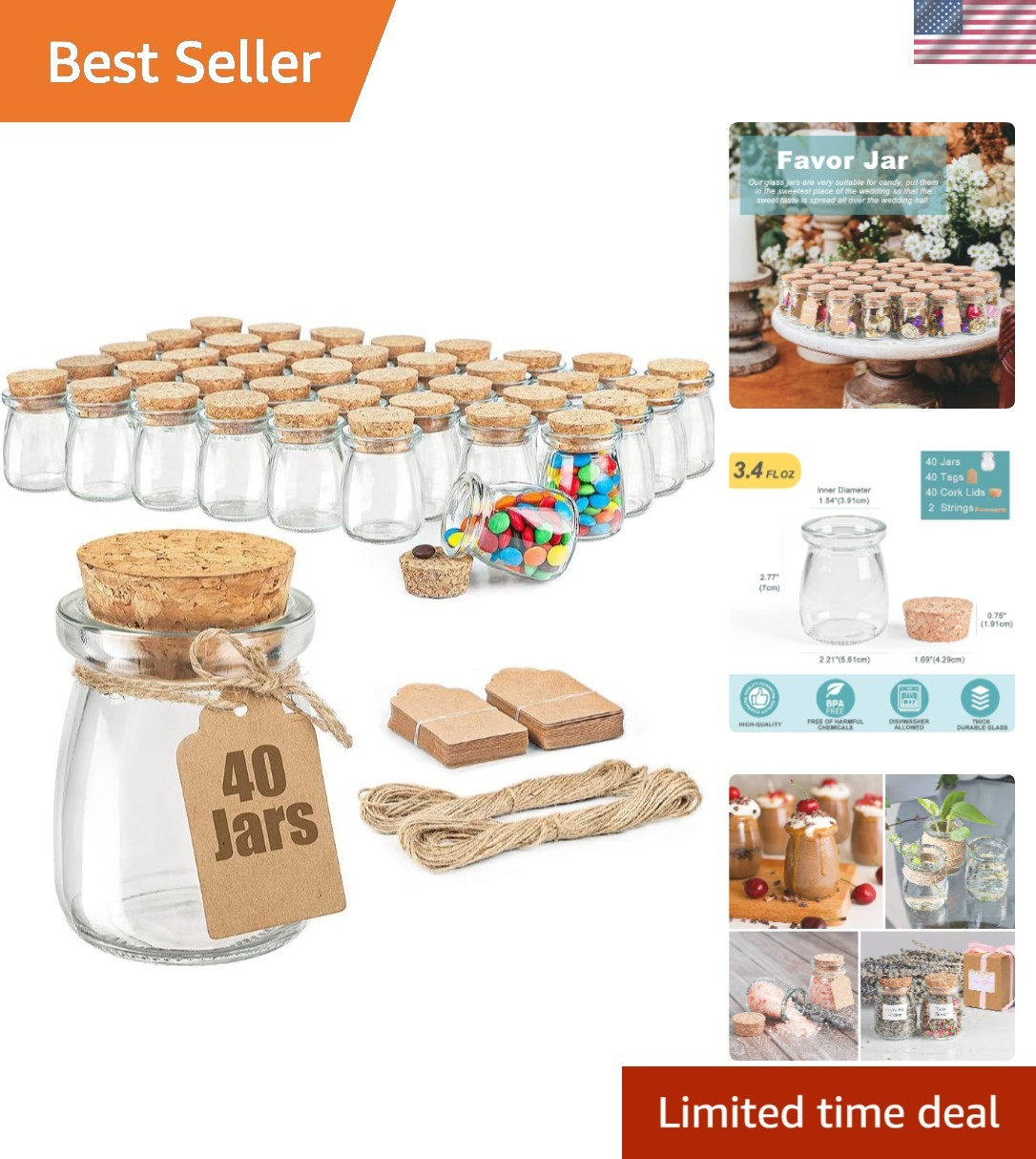 40 Pack Glass Favor Jars with Cork Lid, 3.4 oz Small Glass Bottles for Wedding F