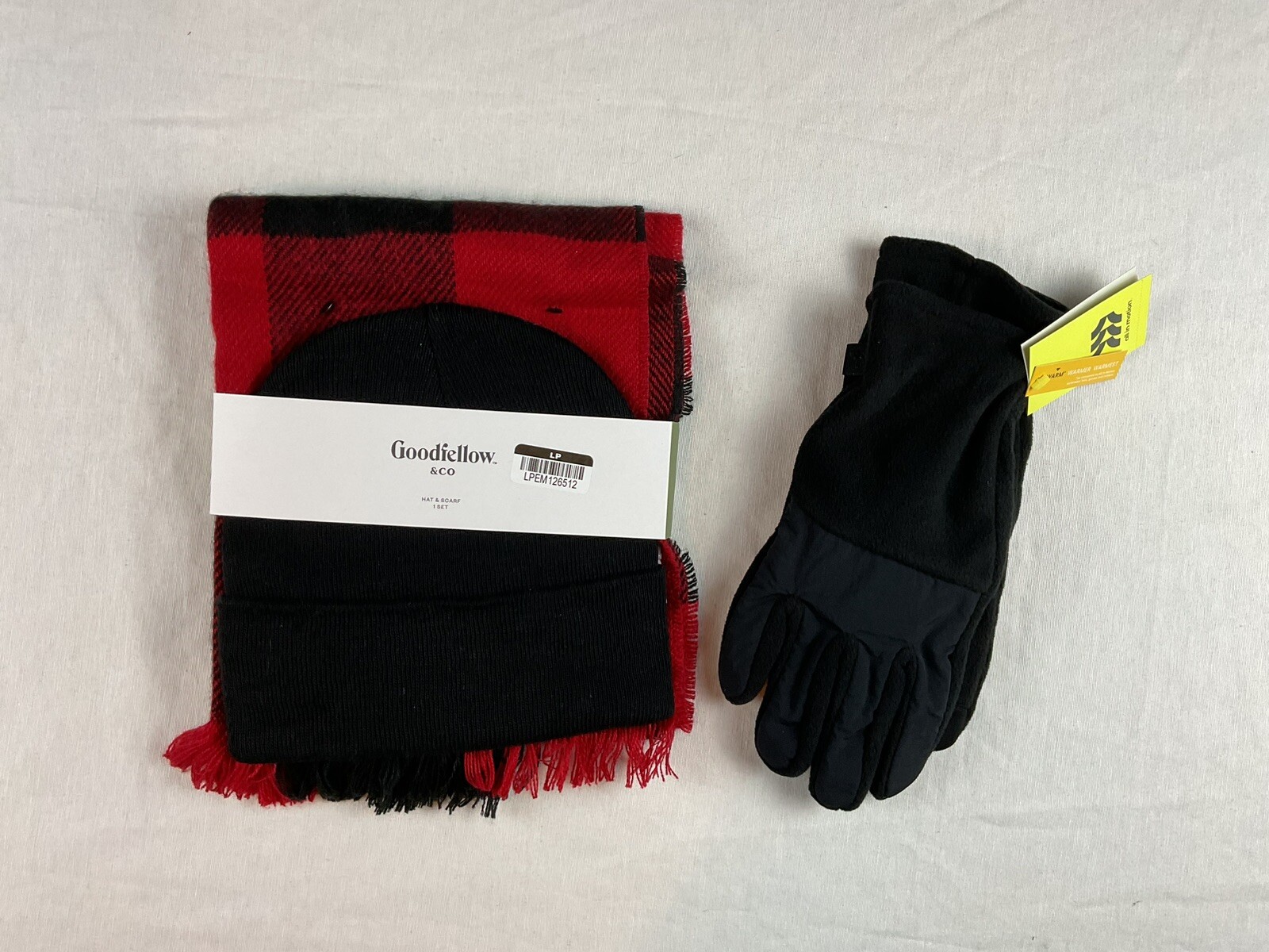 Men’s Goodfellow Red & Black Plaid Neck Scarf, Black Beanie Hat & Black Gloves