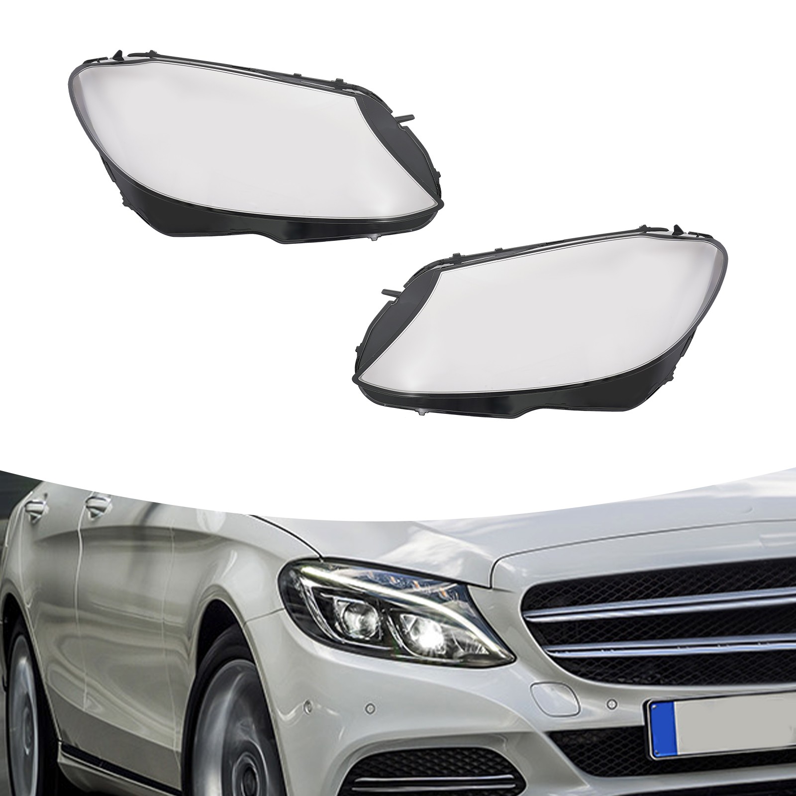 L+R Clear Headlight Lens Covers for 2014-2018 Mercedes-Benz C Class W205 Models