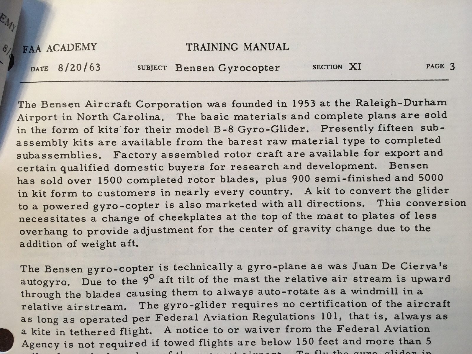Benson B-8 Training Familiarization Booklet by FAA