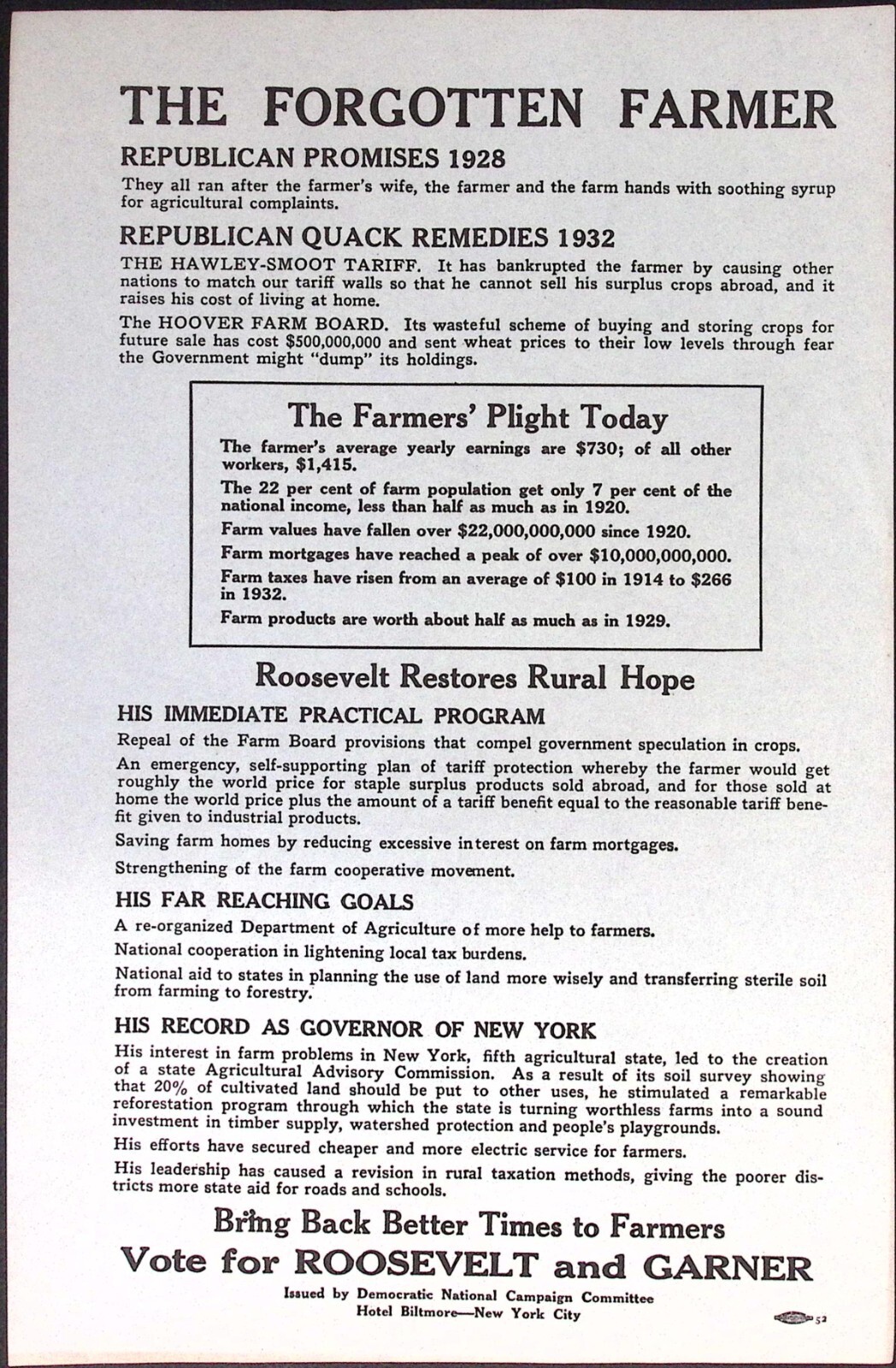 Forgotten Farmer Roosevelt & Garner Democratic Committee 1933 Print Ad