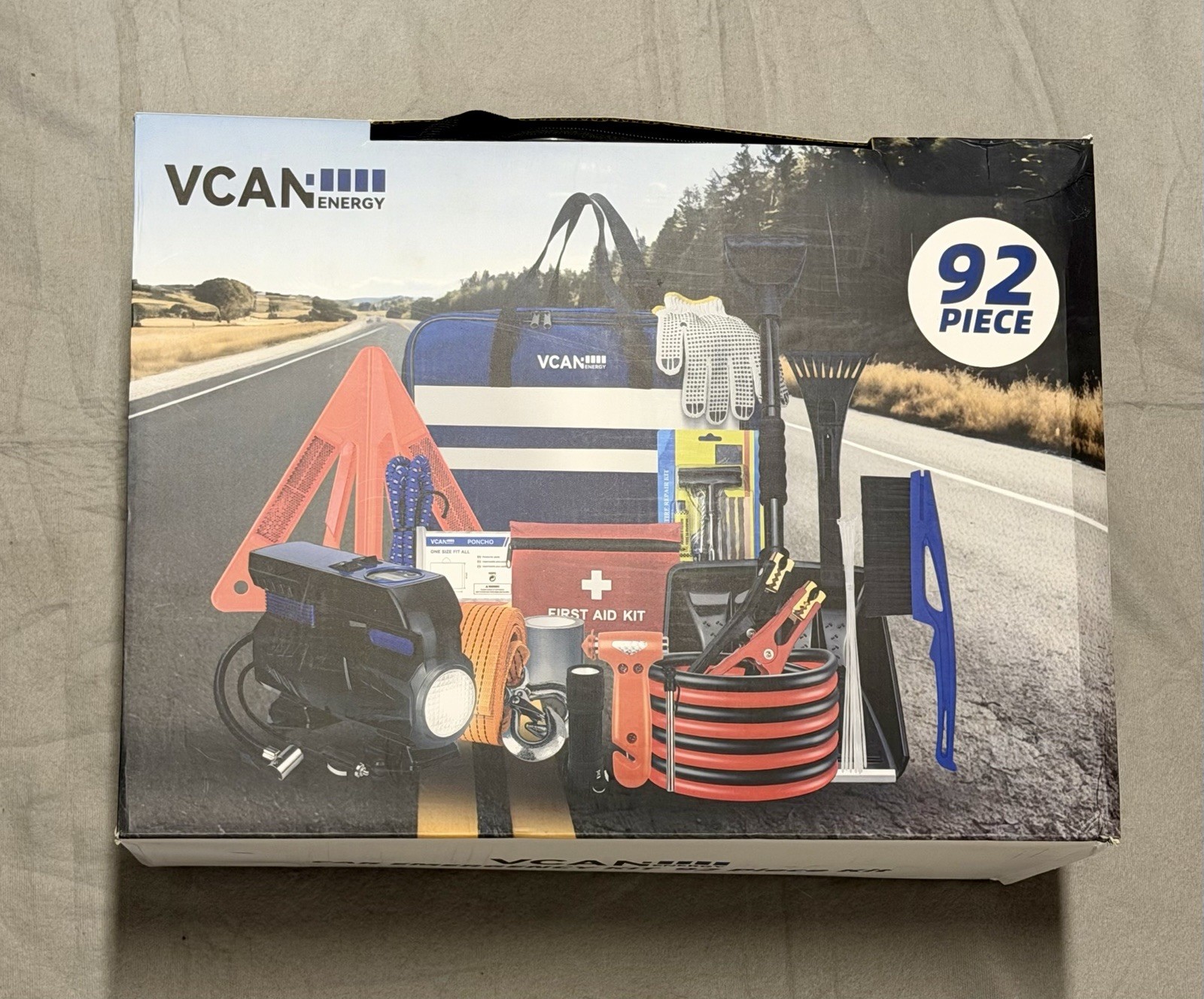 New VCAN 92 Pc Roadside Emergency Kit Car Truck Safety Tool Set Jumper Cables