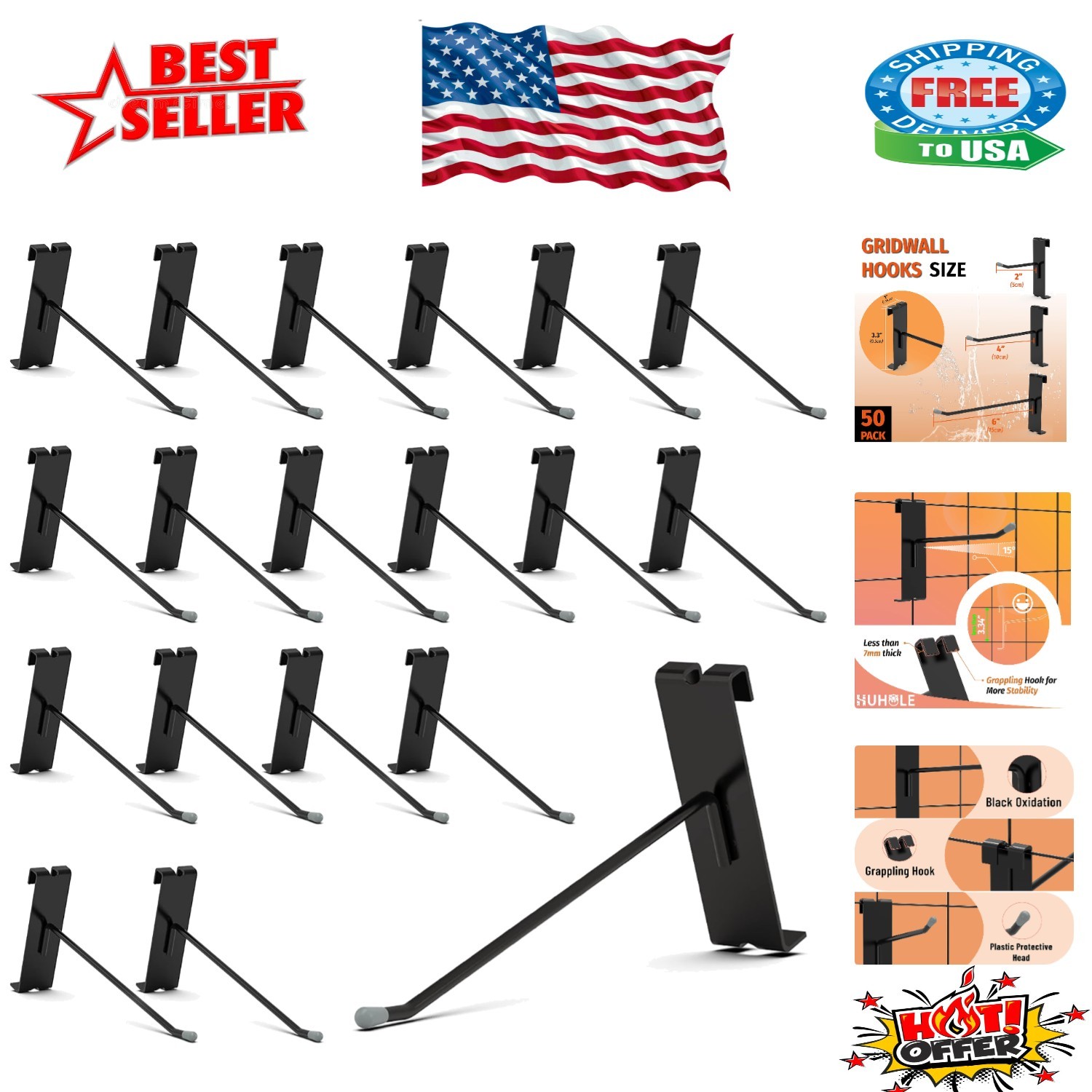 50 Pack Black Gridwall Hooks - 6 Inch Heavy Duty Display Hangers, 20lbs Capacity